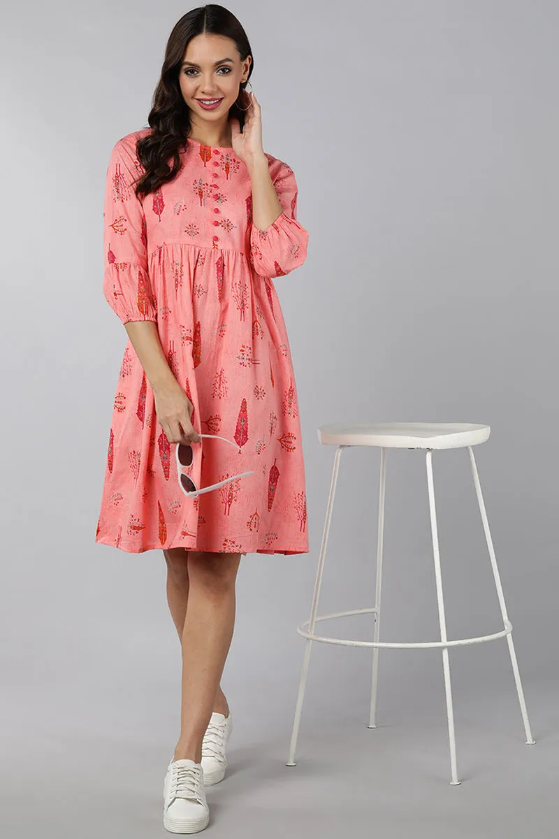 Pink Cotton Abstract Print Mini Dress