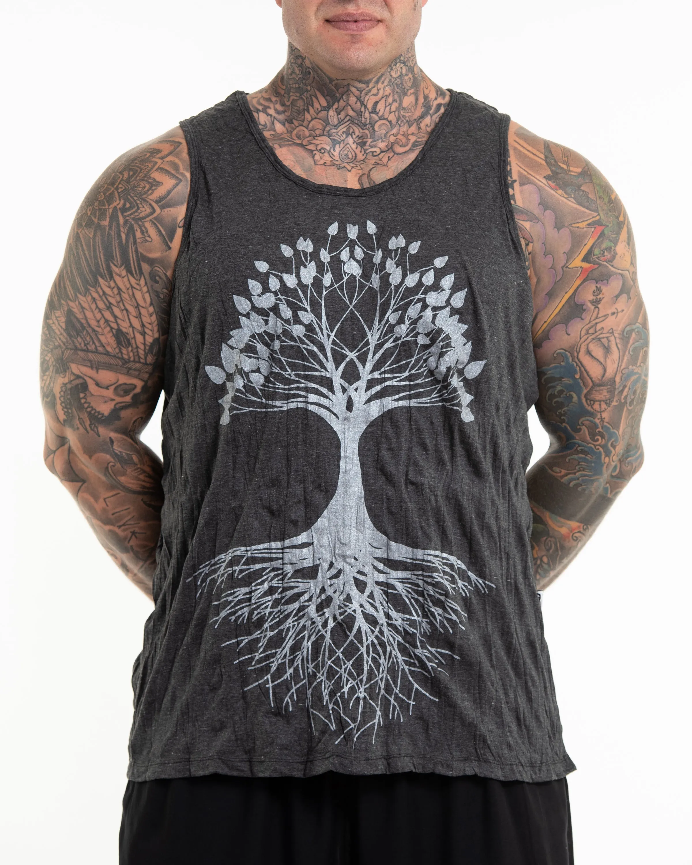 Plus Size Mens Tree of Life Tank Top in Silver on Black