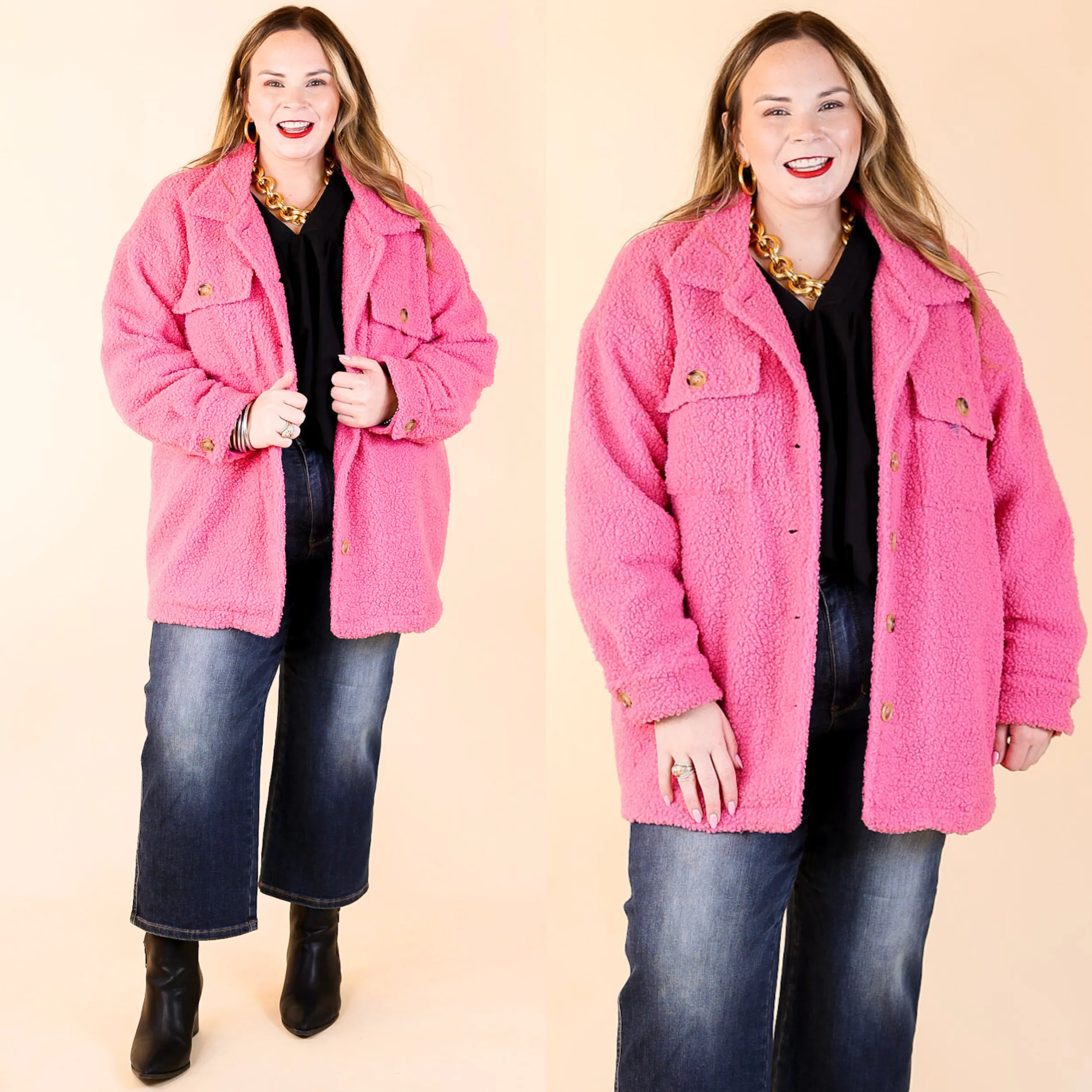 Plush Comfort Button Up Sherpa Shacket in Hot Pink