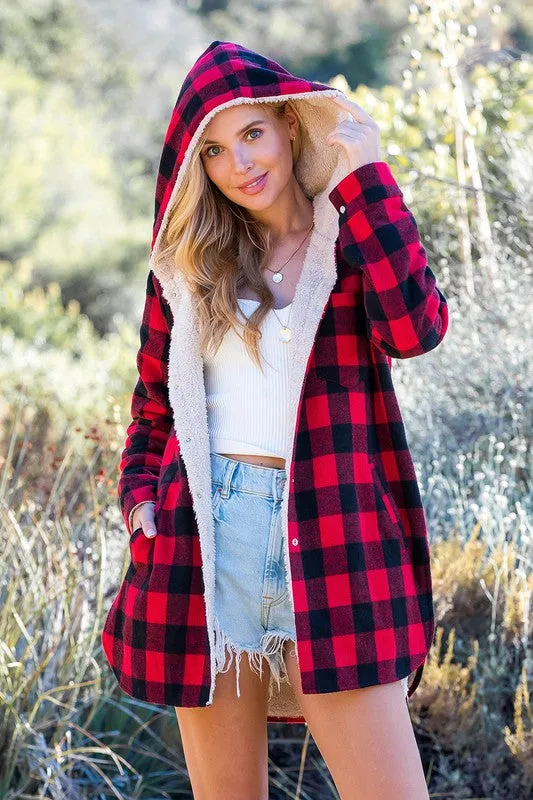 Red Plaid Sherpa Lined Hoodie Longline Jacket