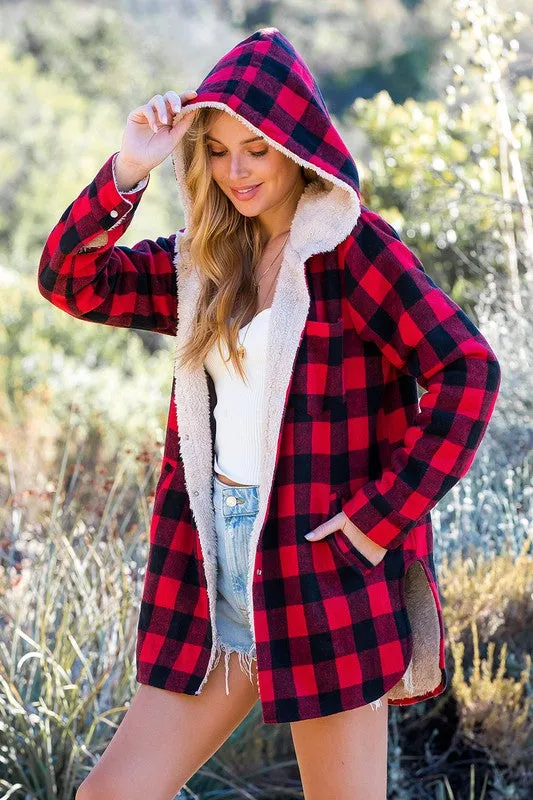 Red Plaid Sherpa Lined Hoodie Longline Jacket