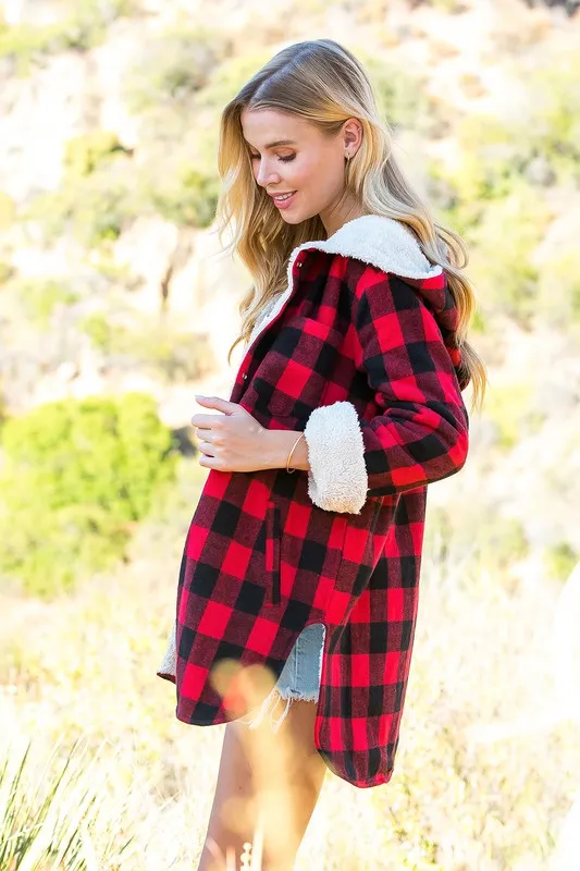 Red Plaid Sherpa Lined Hoodie Longline Jacket