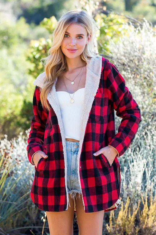 Red Plaid Sherpa Lined Hoodie Longline Jacket