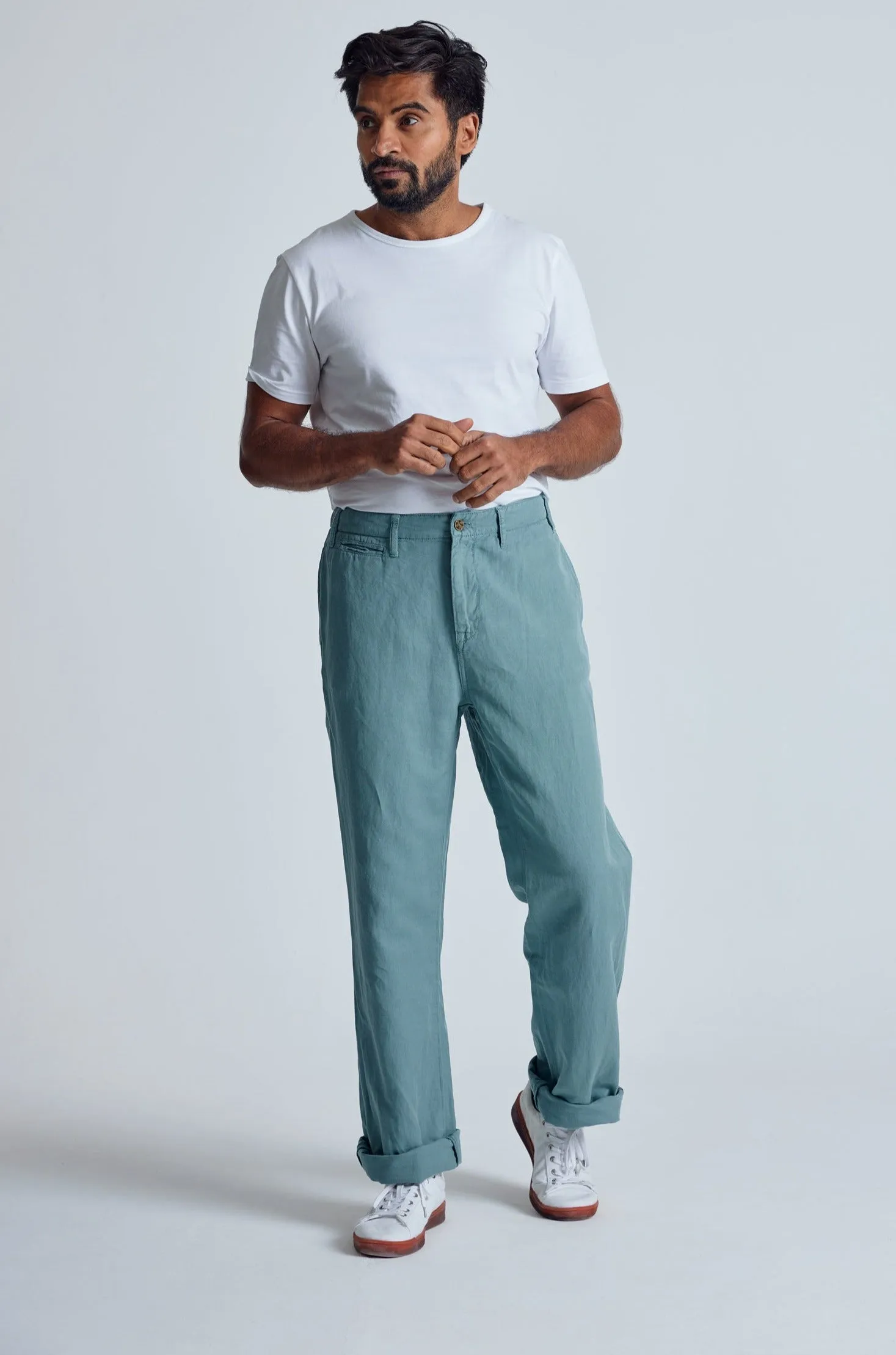 Retro-Blue The Bird Regular Fit Chino Trousers - GOTS Certified Organic Cotton and Linen