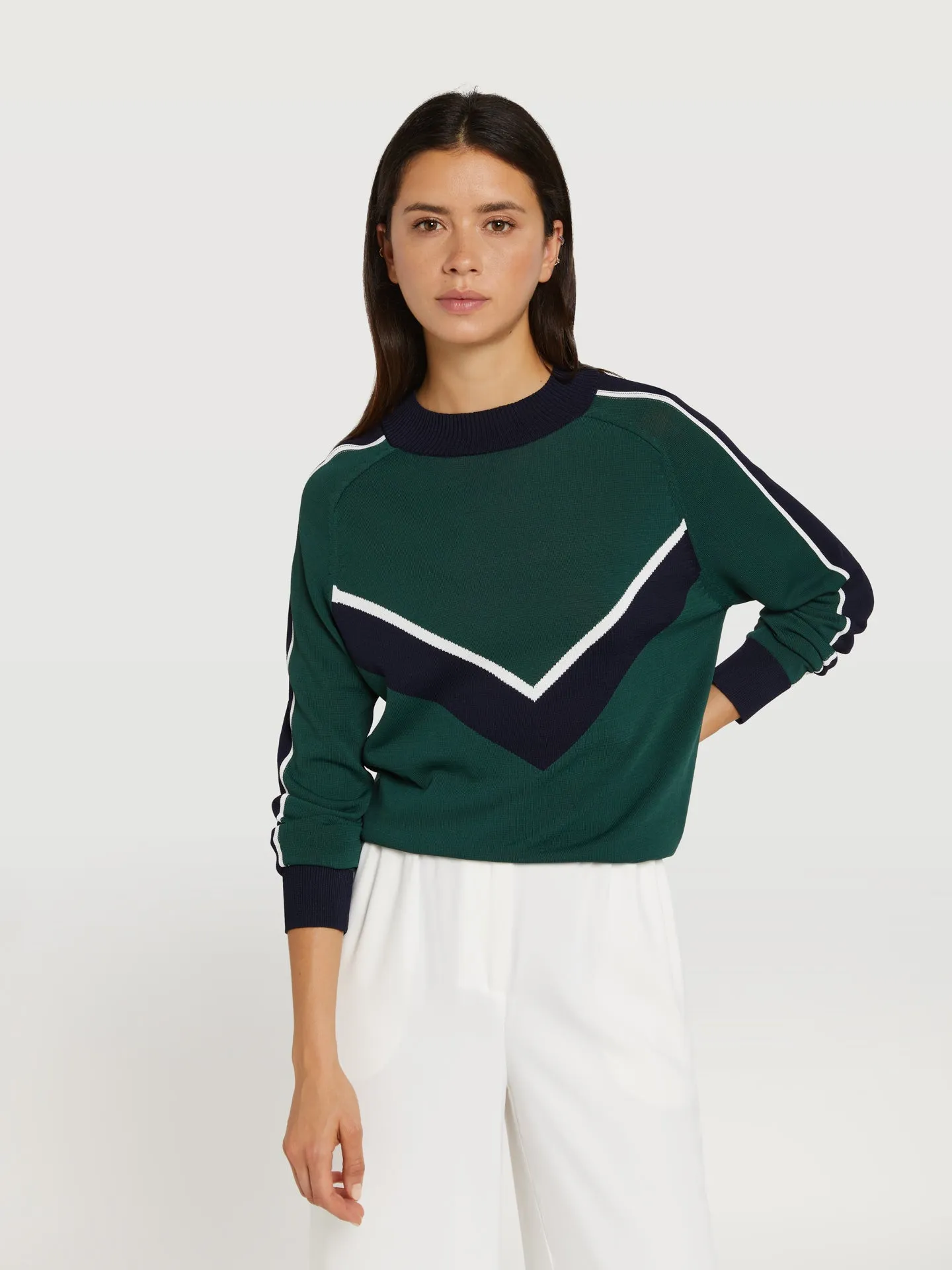 Ribbed turtleneck sweater with "v" graphic