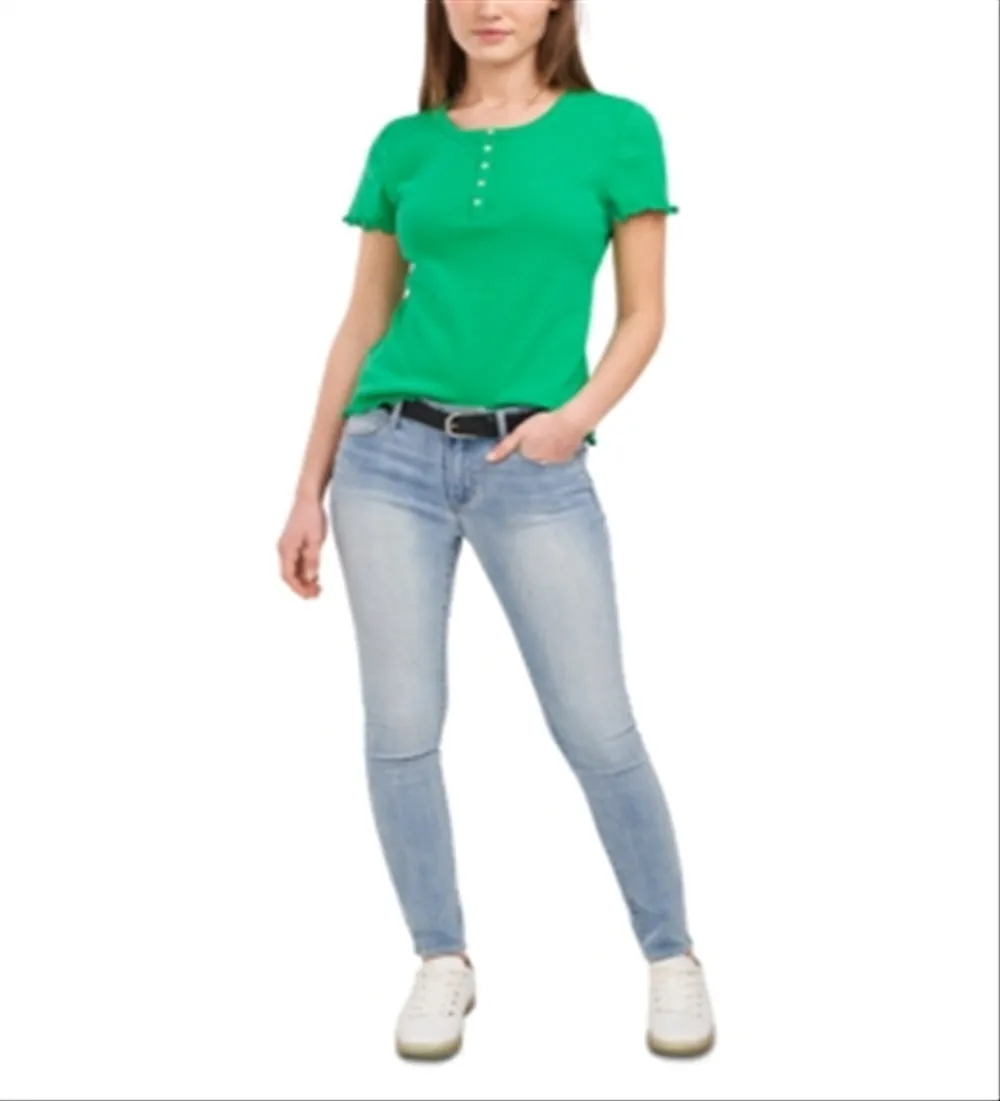 Riley & Rae Women's Stretch Ribbed Buttoned Henley Short Sleeve Crew Neck Top Green Size Small