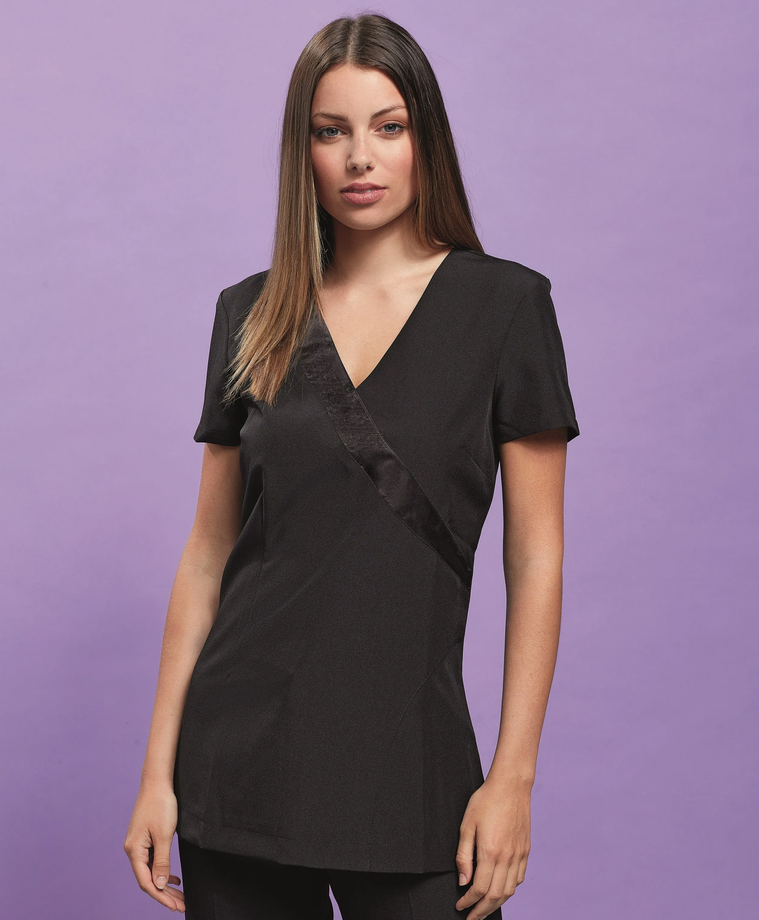 'Rose' Beauty And Spa Wrap Satin Trim Tunic | BLACK