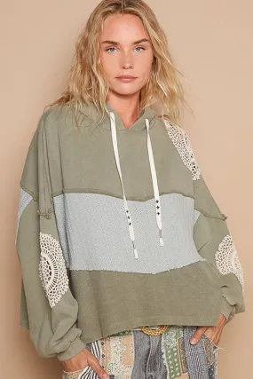 Sage Openwork Contrast Dropped Shoulder Hoodie