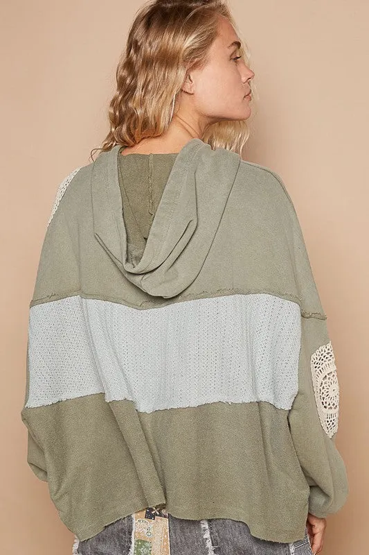 Sage Openwork Contrast Dropped Shoulder Hoodie