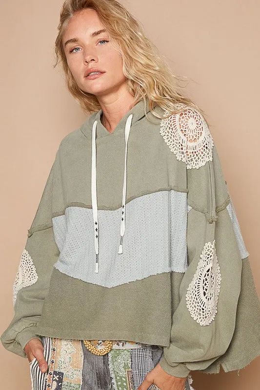 Sage Openwork Contrast Dropped Shoulder Hoodie