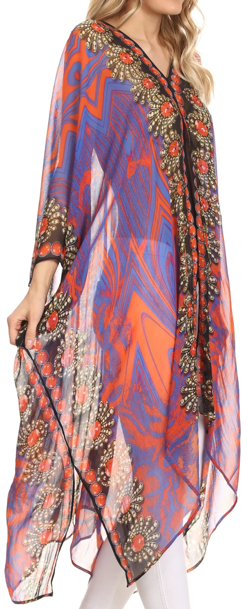 Sakkas Livi Scoop V Neck Wide Mid Length Caftan Dress / Cover Up