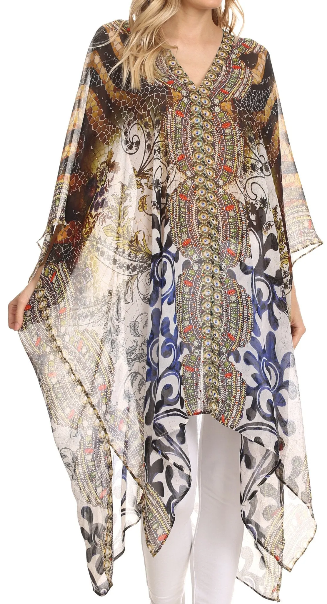 Sakkas Livi Scoop V Neck Wide Mid Length Caftan Dress / Cover Up