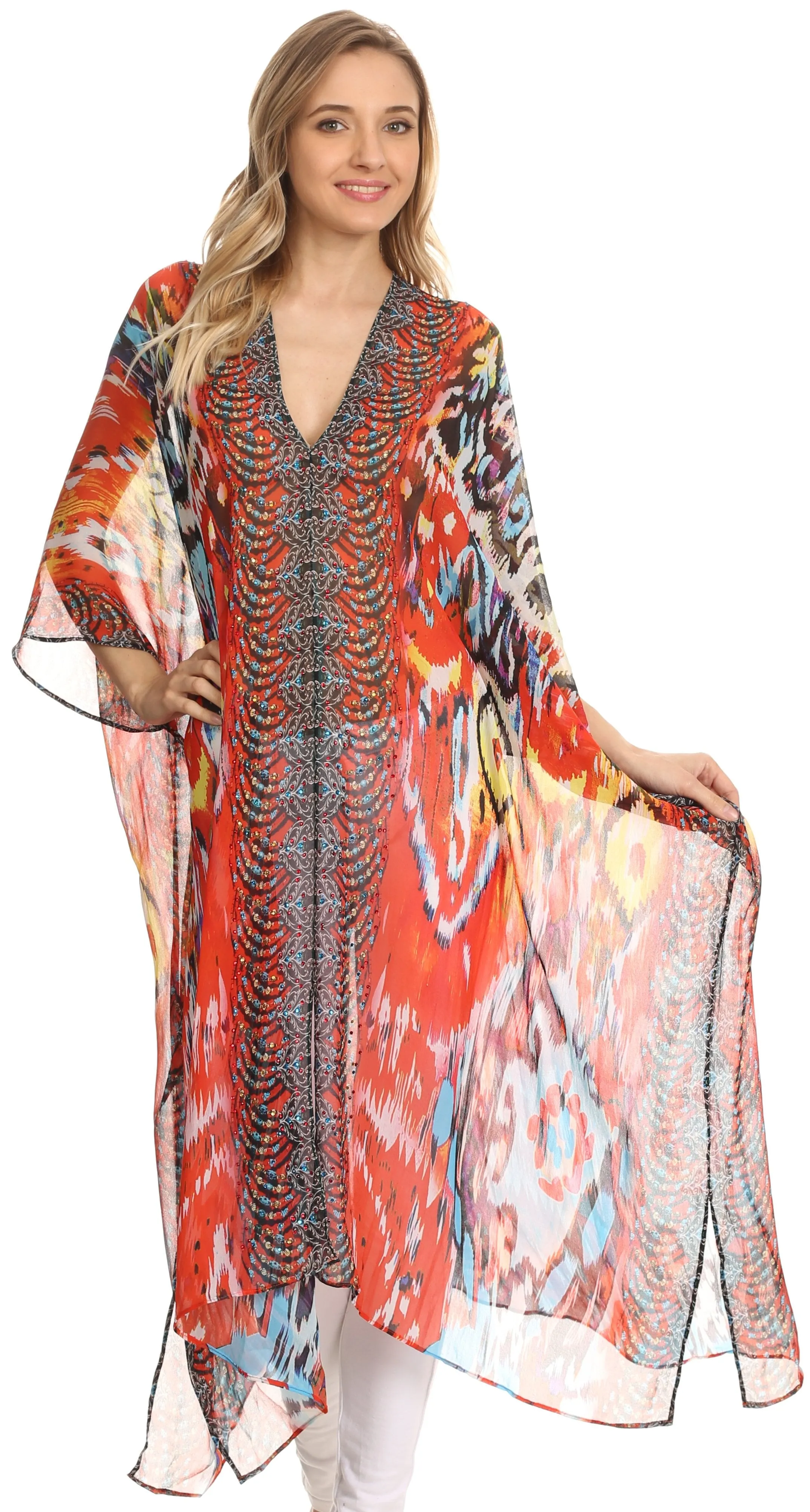 Sakkas Livi Scoop V Neck Wide Mid Length Caftan Dress / Cover Up