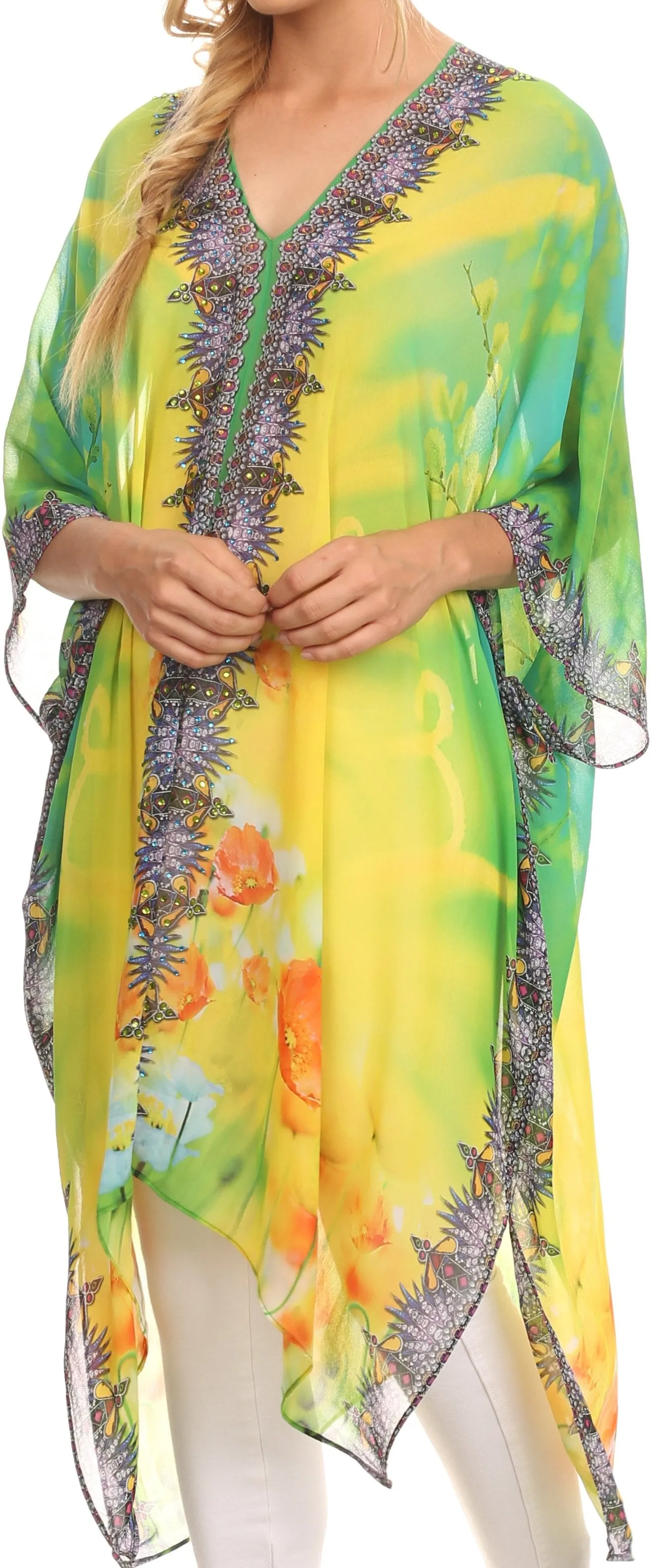 Sakkas Livi Scoop V Neck Wide Mid Length Caftan Dress / Cover Up