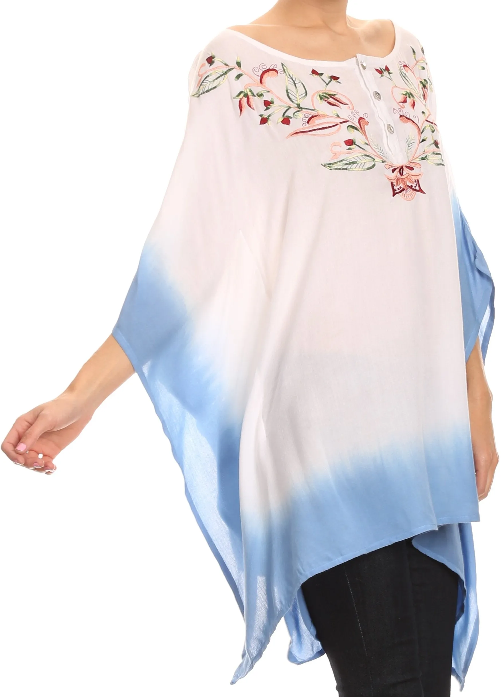 Sakkas Saleei Long Wide Square Ombre Floral Embroidered  Jewel Button Poncho Top