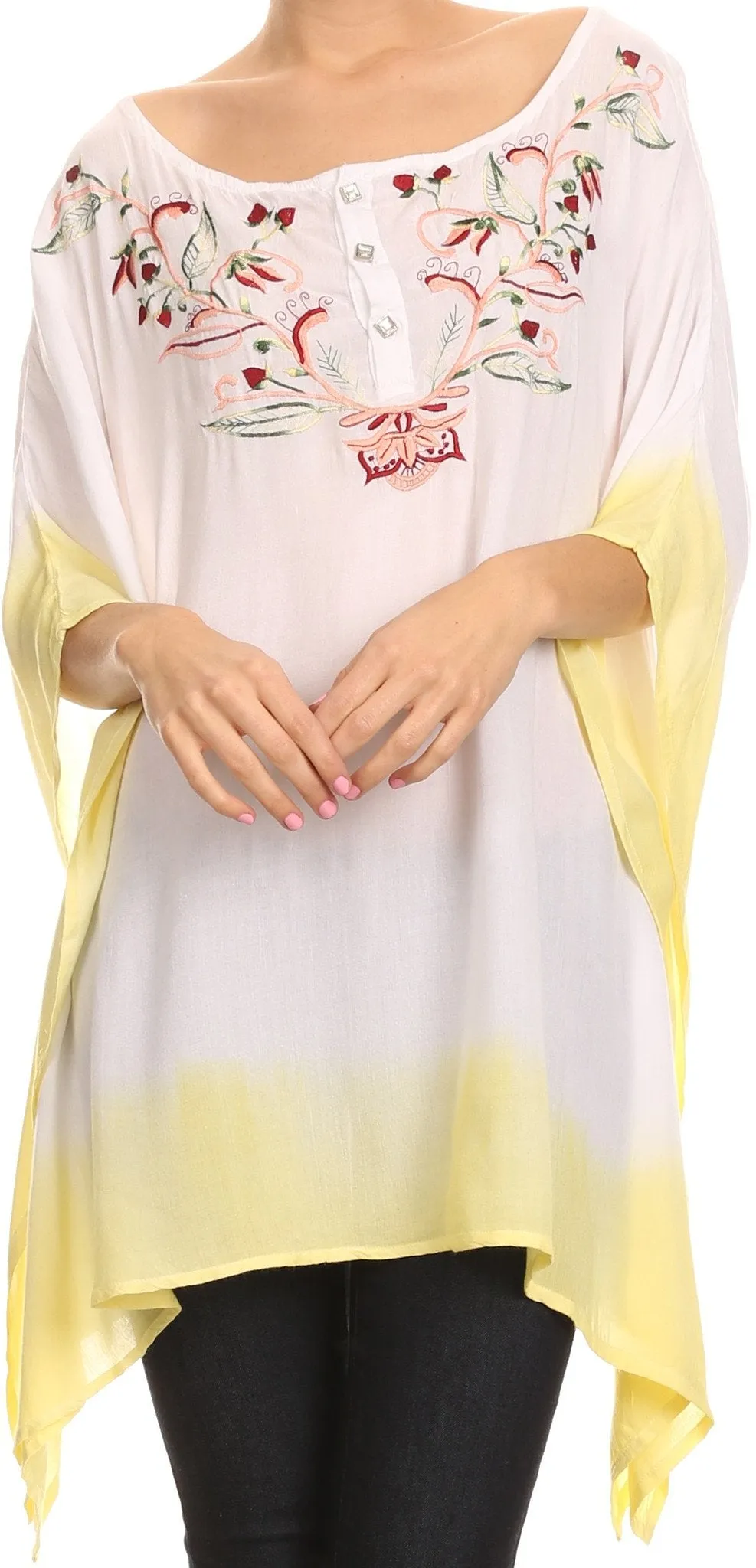 Sakkas Saleei Long Wide Square Ombre Floral Embroidered  Jewel Button Poncho Top