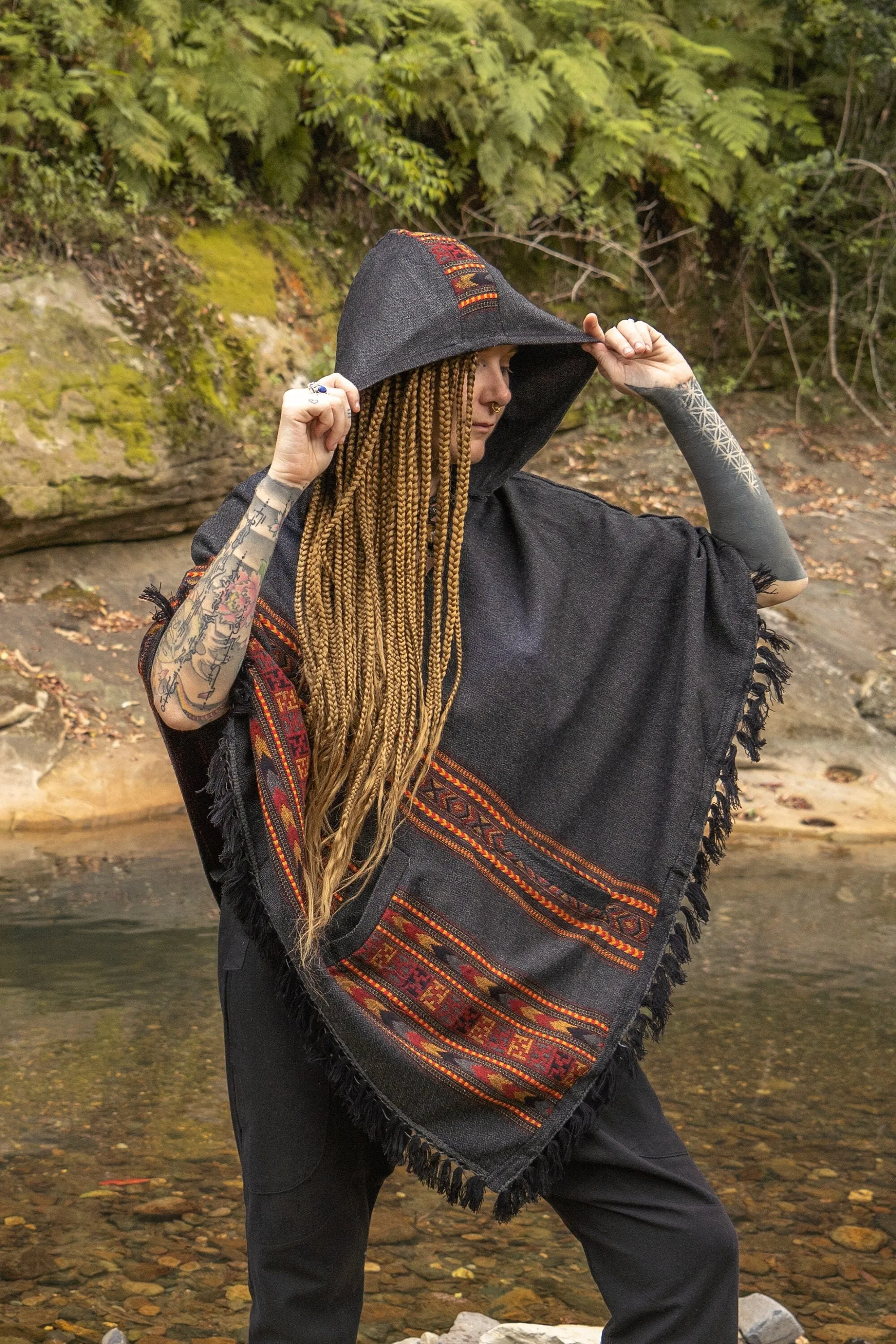 SAMADHI Womens Hooded Poncho Embroidered Grey with Hood YAK Wool and Acrylic Wool Blend Handmade Earthy Tribal Pattern Festival Gypsy AJJAYA