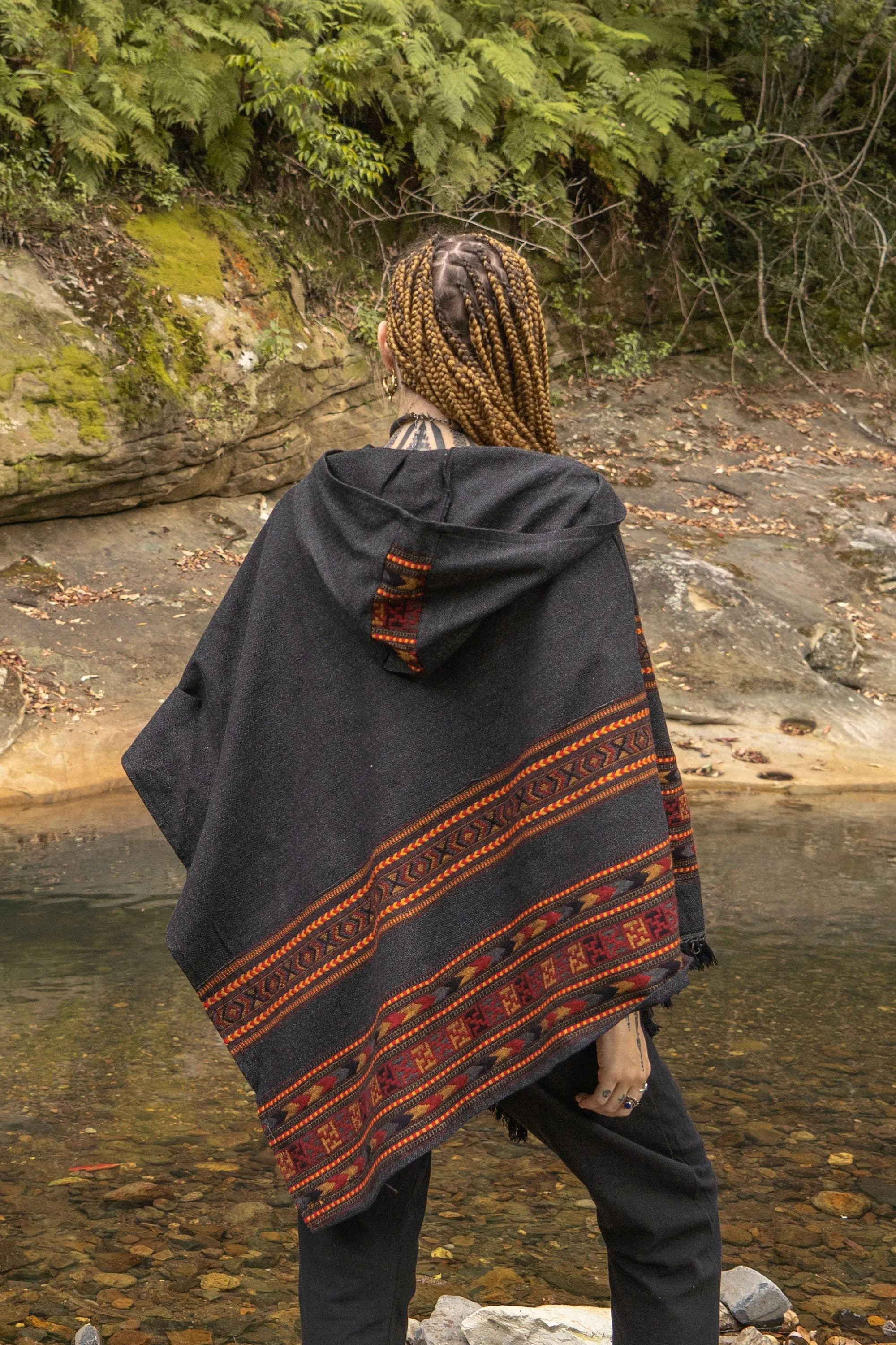 SAMADHI Womens Hooded Poncho Embroidered Grey with Hood YAK Wool and Acrylic Wool Blend Handmade Earthy Tribal Pattern Festival Gypsy AJJAYA