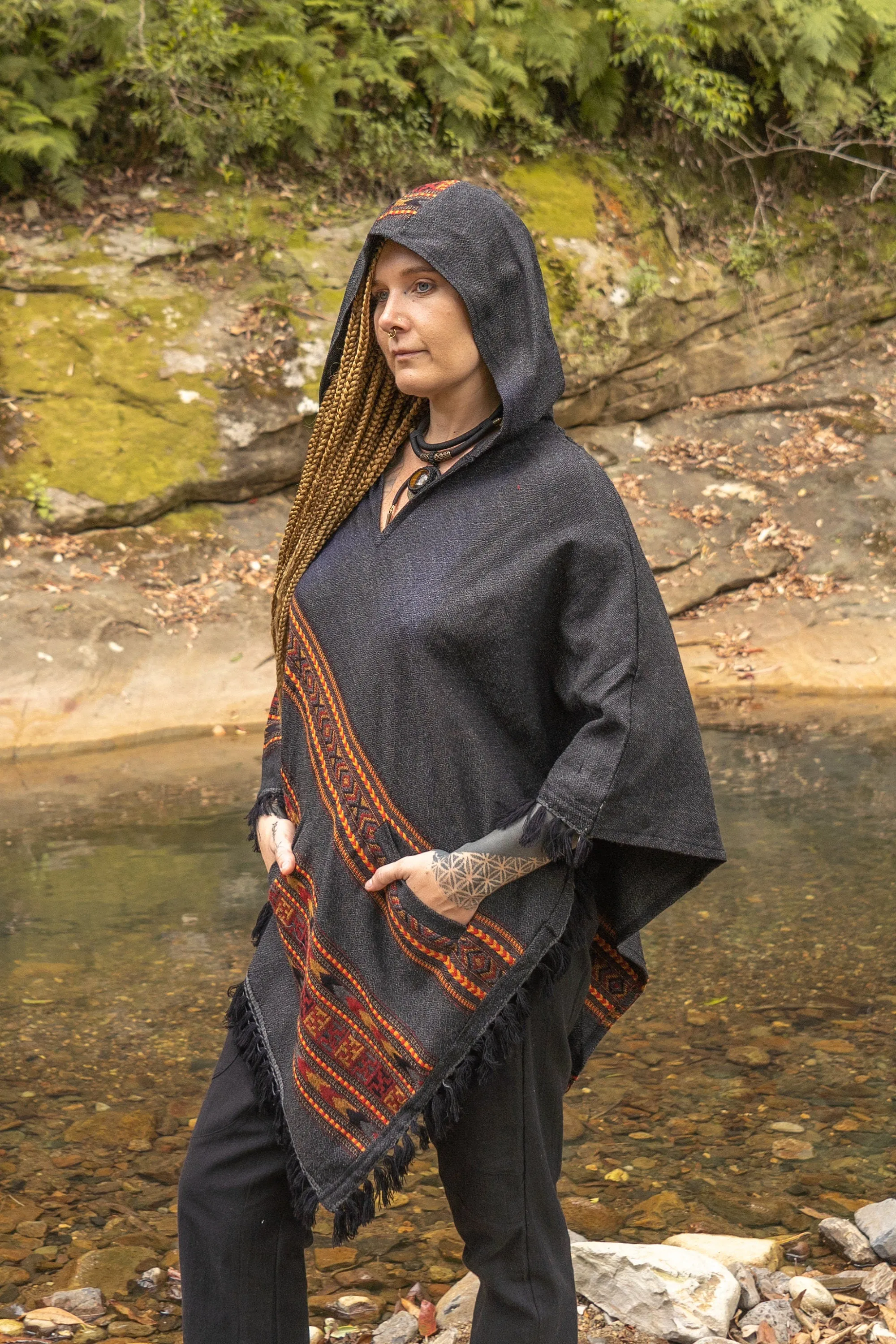 SAMADHI Womens Hooded Poncho Embroidered Grey with Hood YAK Wool and Acrylic Wool Blend Handmade Earthy Tribal Pattern Festival Gypsy AJJAYA