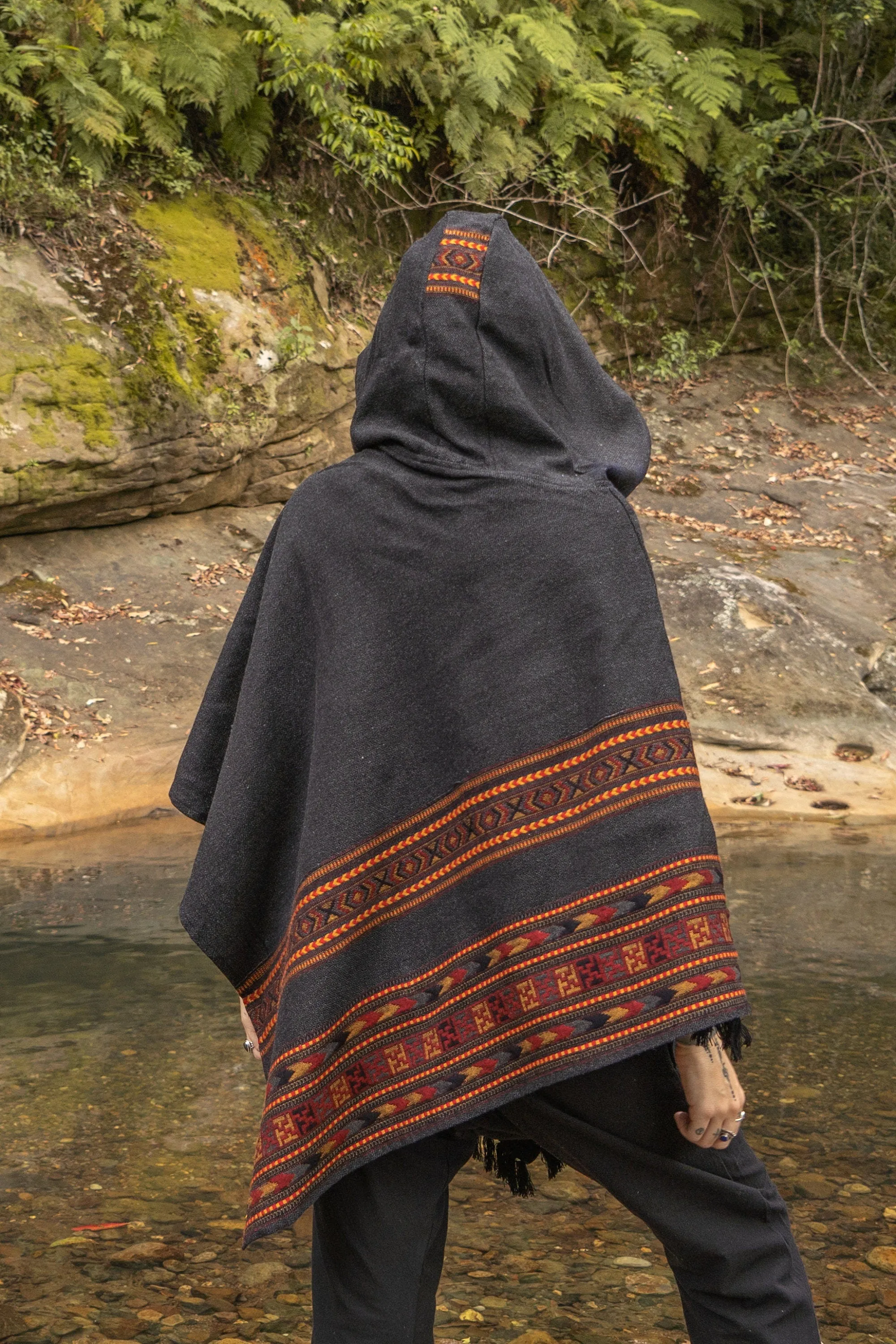 SAMADHI Womens Hooded Poncho Embroidered Grey with Hood YAK Wool and Acrylic Wool Blend Handmade Earthy Tribal Pattern Festival Gypsy AJJAYA