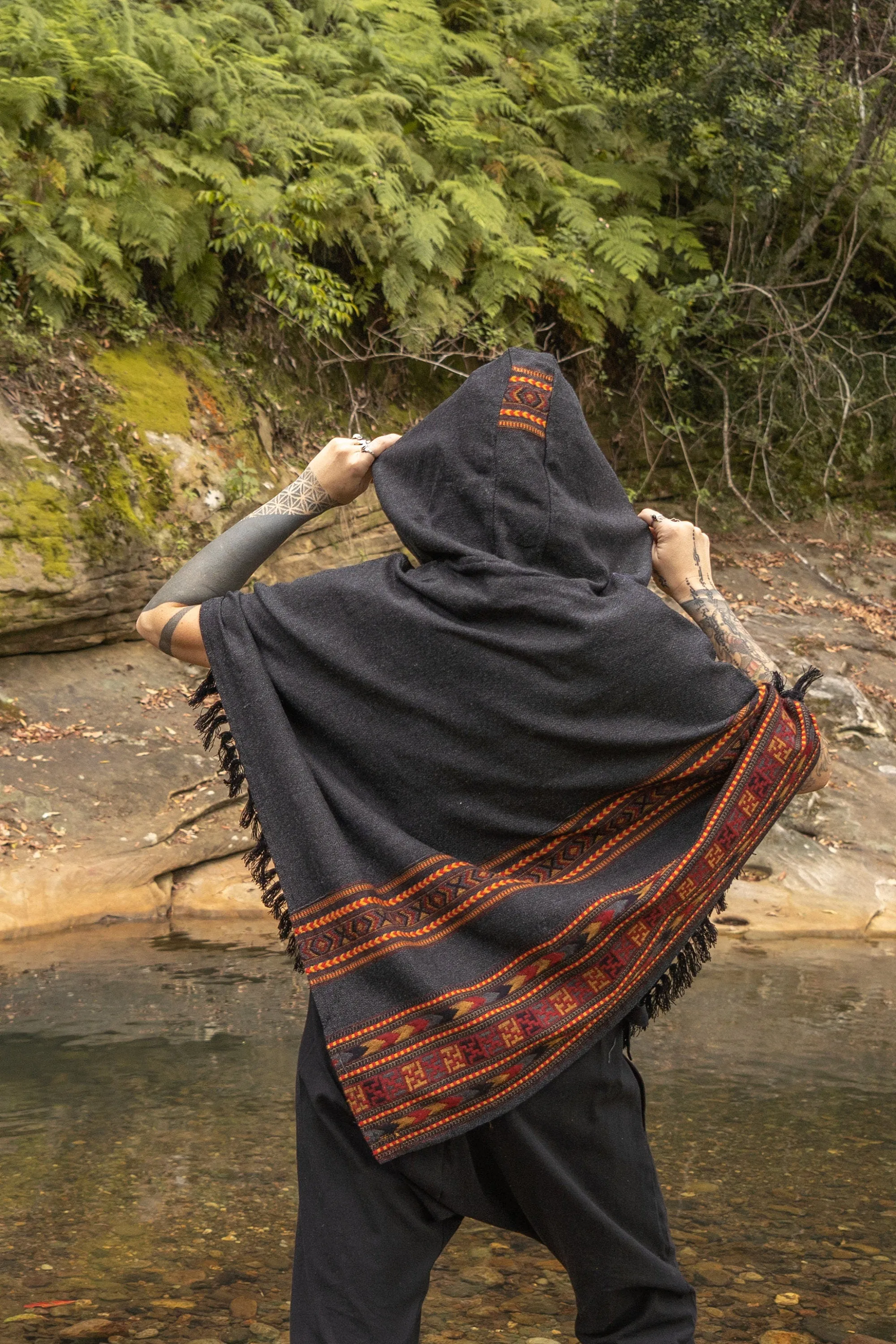 SAMADHI Womens Hooded Poncho Embroidered Grey with Hood YAK Wool and Acrylic Wool Blend Handmade Earthy Tribal Pattern Festival Gypsy AJJAYA