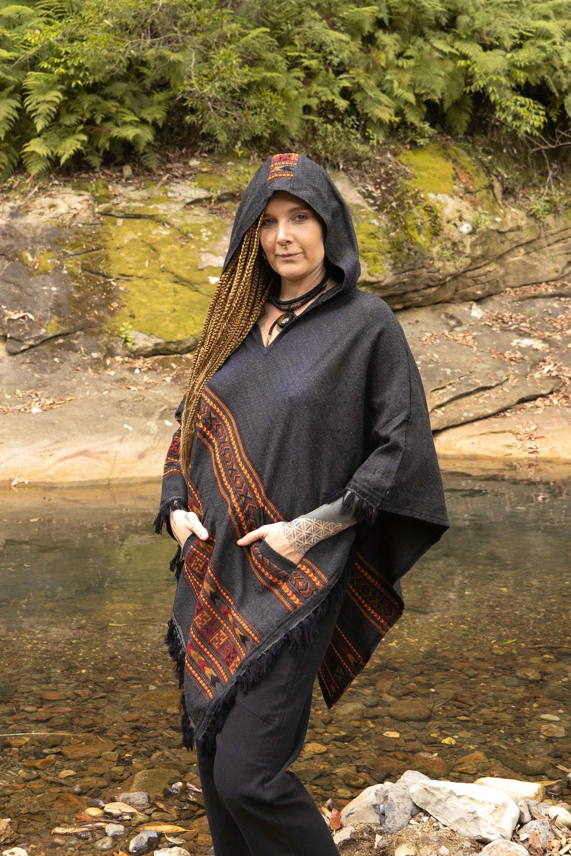 SAMADHI Womens Hooded Poncho Embroidered Grey with Hood YAK Wool and Acrylic Wool Blend Handmade Earthy Tribal Pattern Festival Gypsy AJJAYA