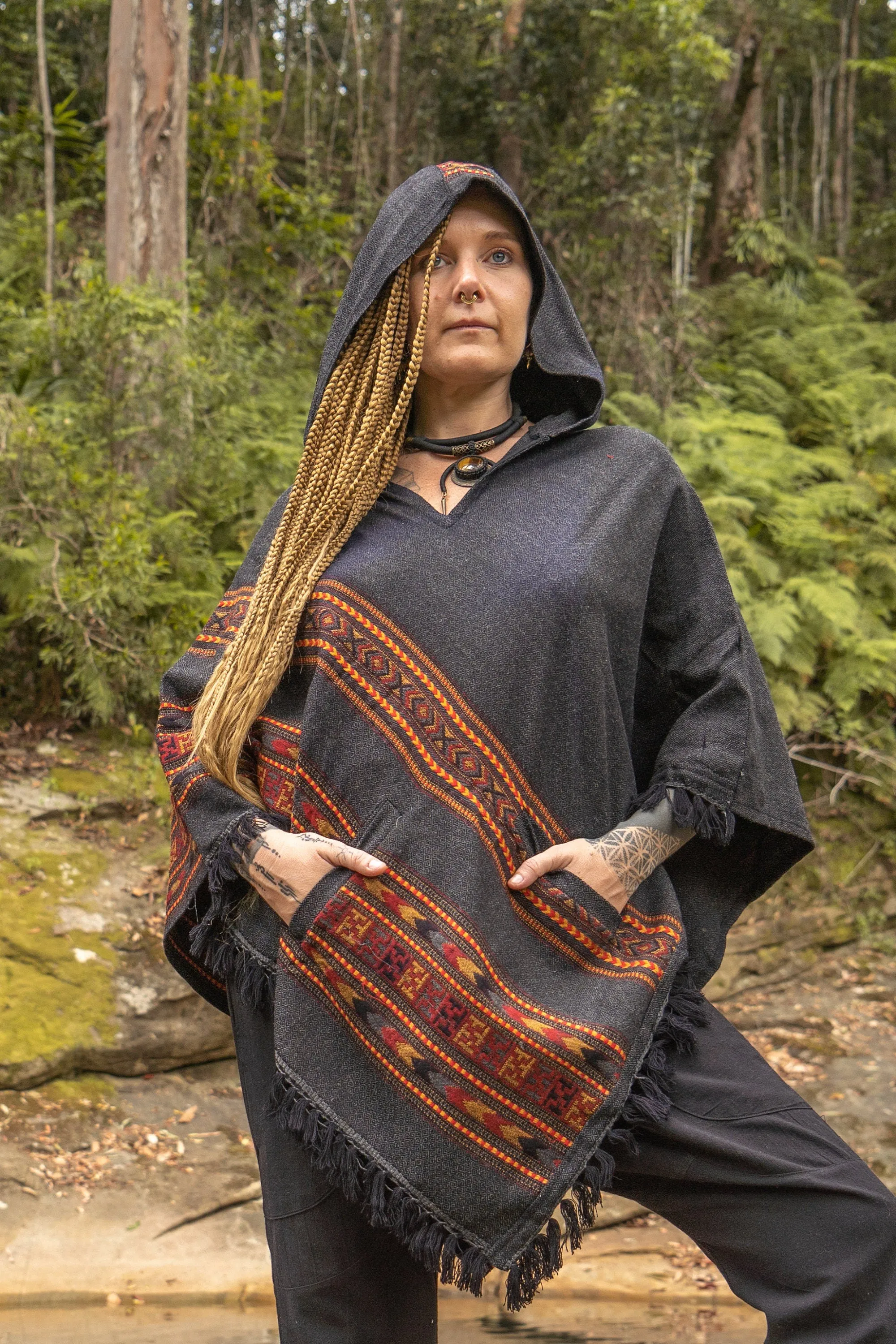 SAMADHI Womens Hooded Poncho Embroidered Grey with Hood YAK Wool and Acrylic Wool Blend Handmade Earthy Tribal Pattern Festival Gypsy AJJAYA