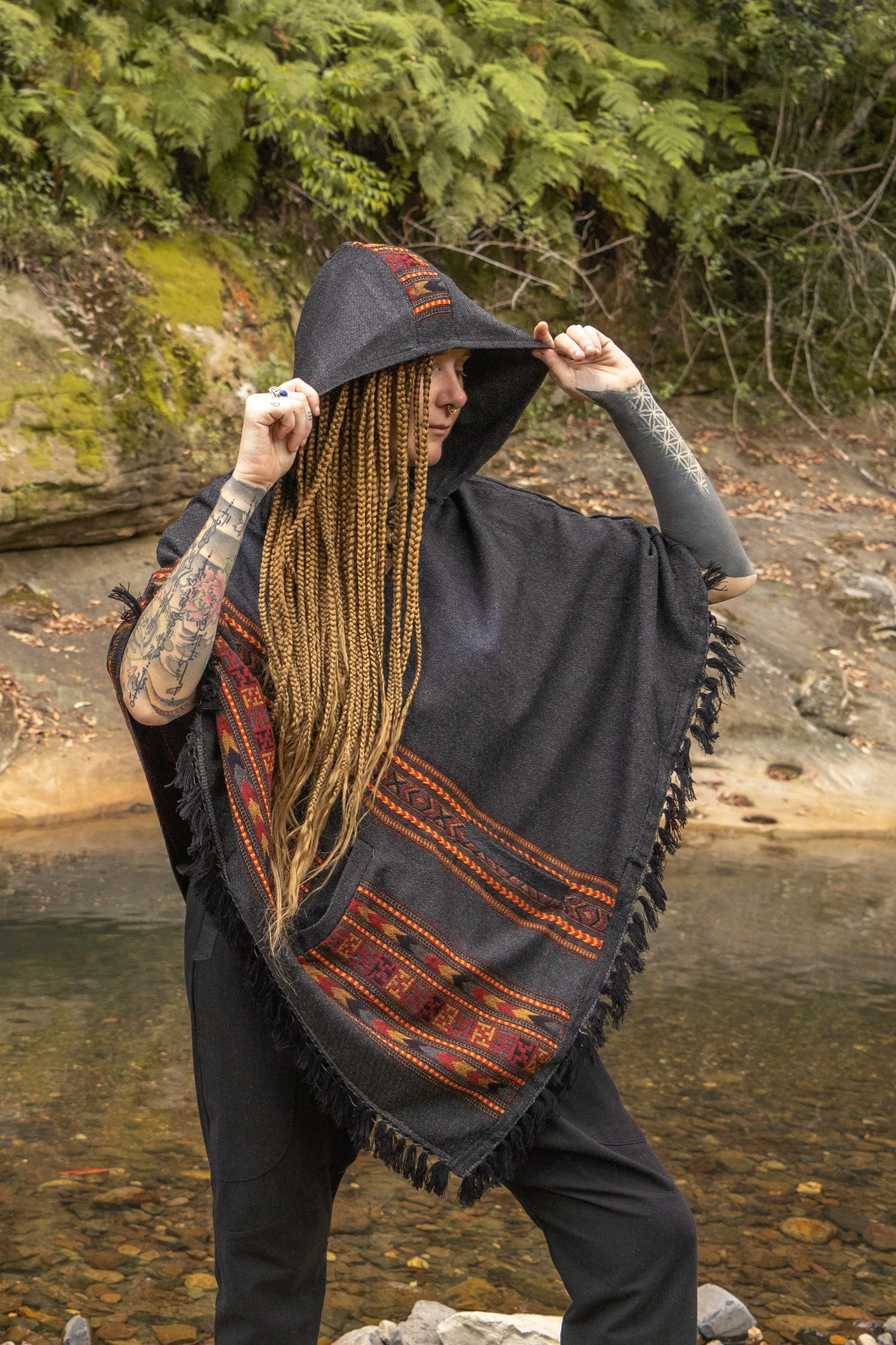 SAMADHI Womens Hooded Poncho Embroidered Grey with Hood YAK Wool and Acrylic Wool Blend Handmade Earthy Tribal Pattern Festival Gypsy AJJAYA