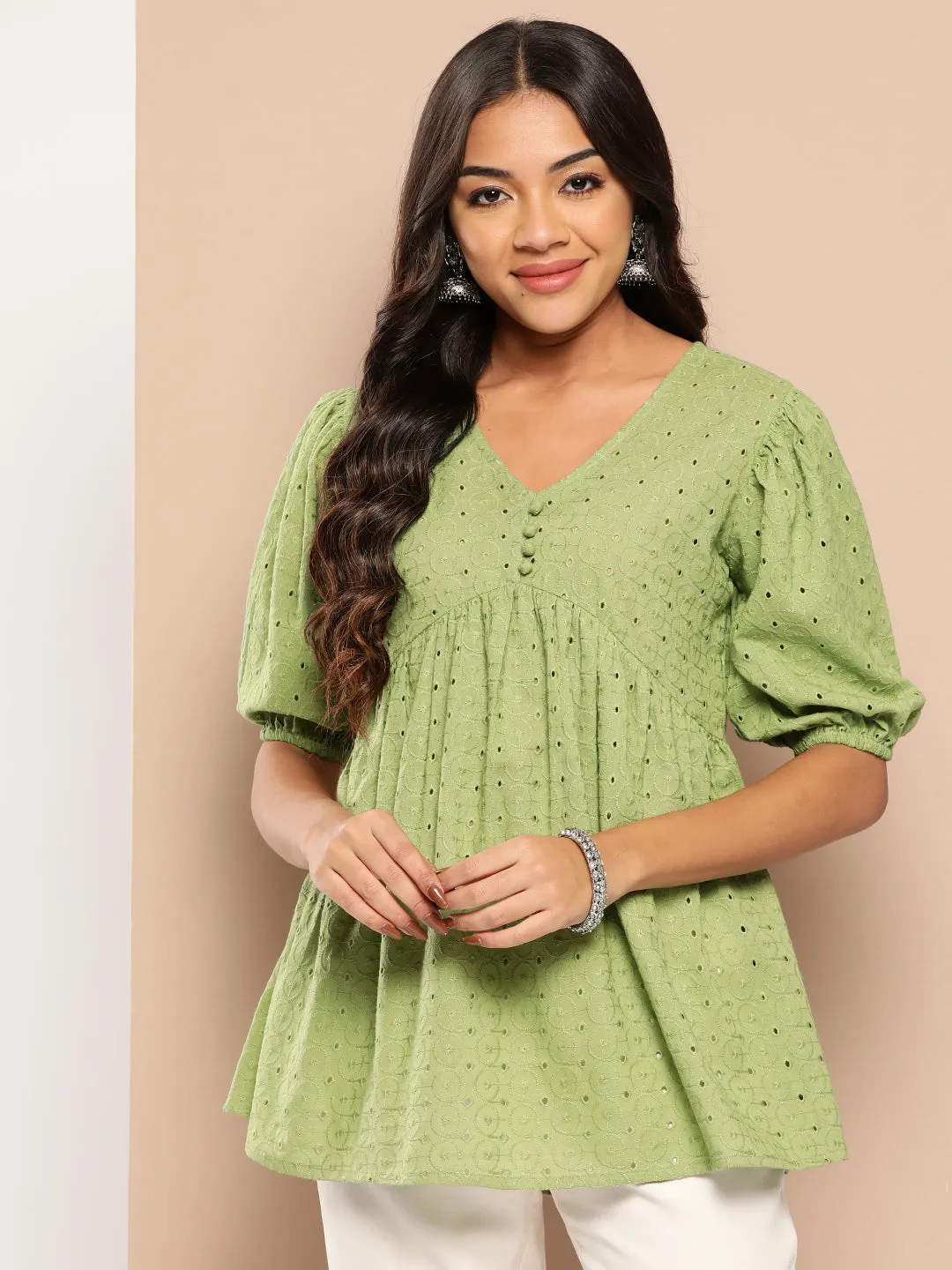 Schiffli Puff Sleeves Pure Cotton Tunic