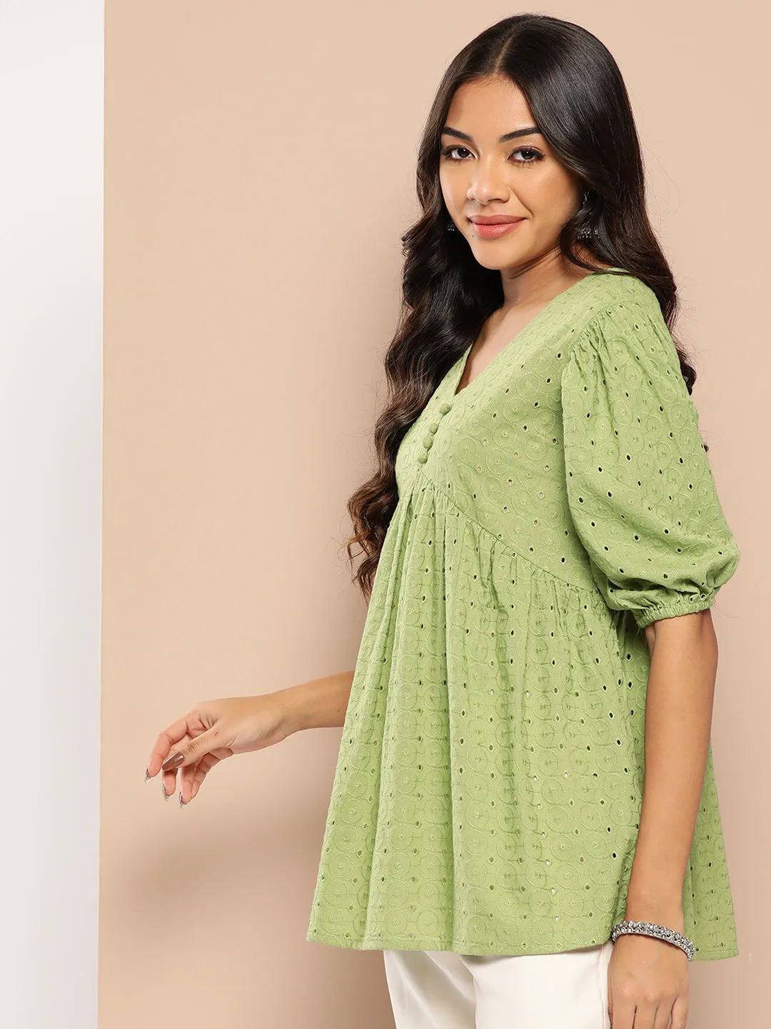 Schiffli Puff Sleeves Pure Cotton Tunic