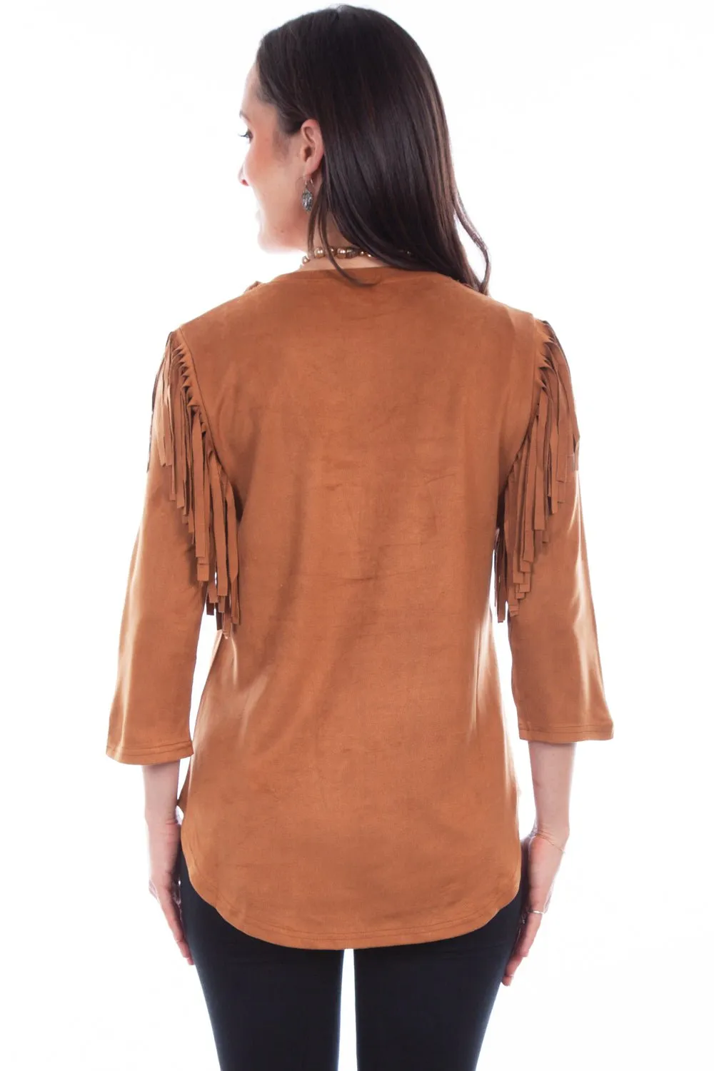 Scully Womens Pullover Fringe Brown Poly/Spandex S/S Tunic