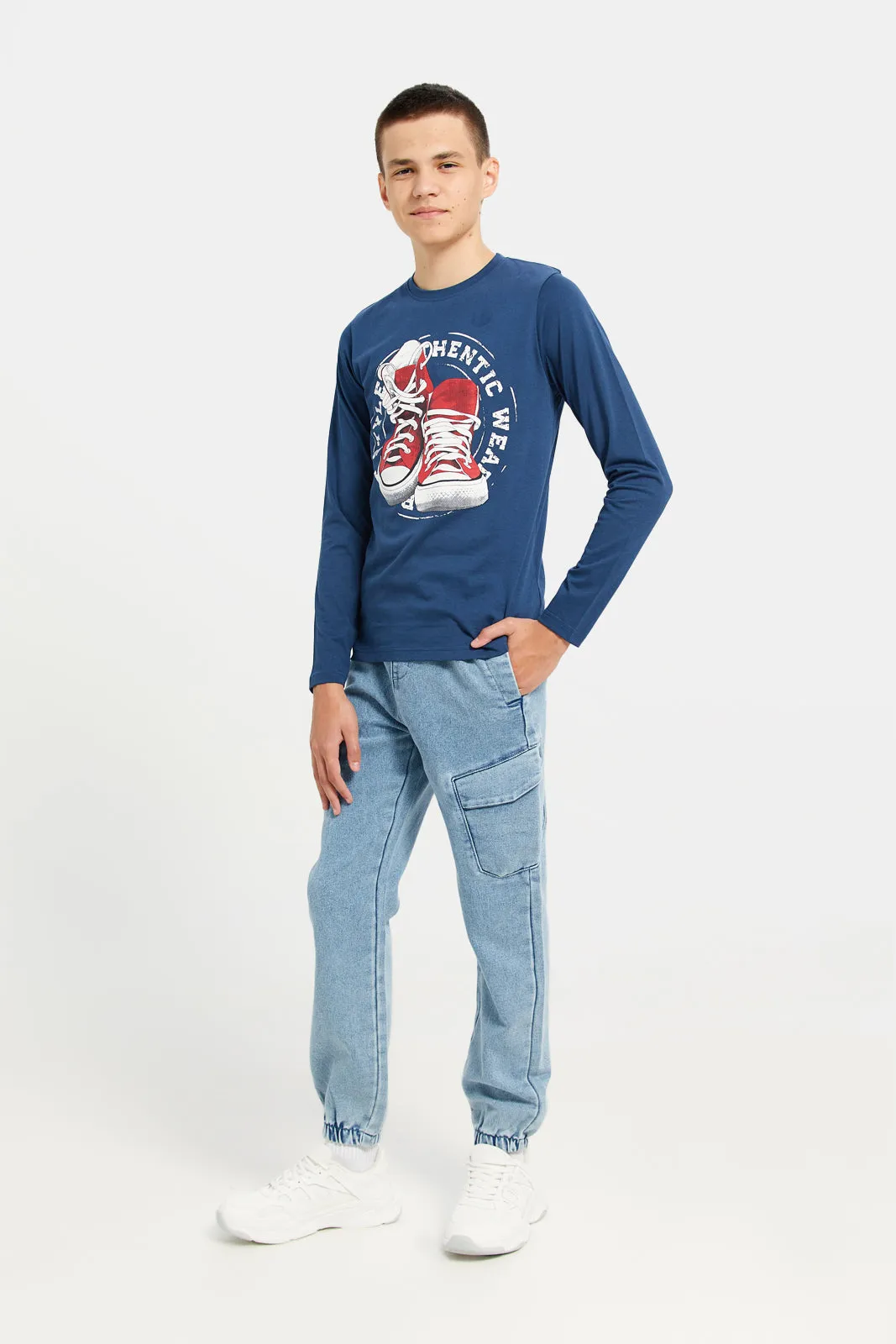 Senior Boys Blue Cargo Knit Denim Jeans With Cuff