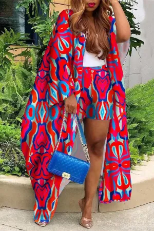 Sexy Red & Blue Abstract Print Kimono & Shorts Set