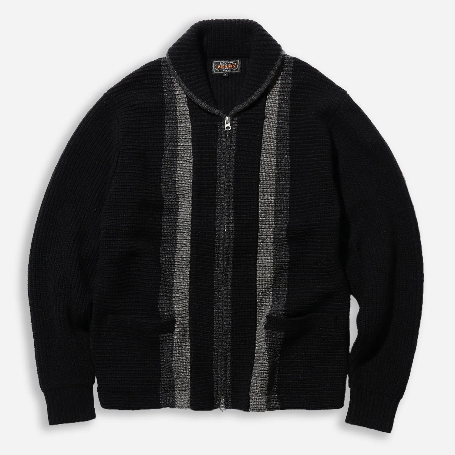 SHAWL COLLAR FULL ZIP KNIITED CARDIGAN - BLACK