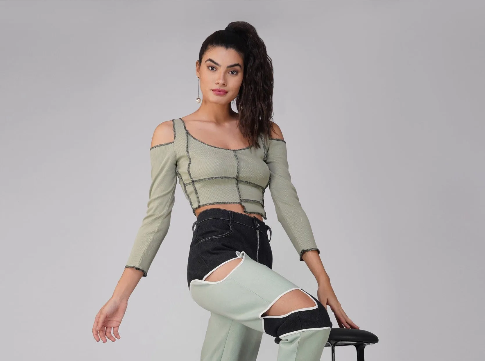 SLAY. Women's Contrast Stitch Olive Cold Shoulder Rib Full Sleeves Top