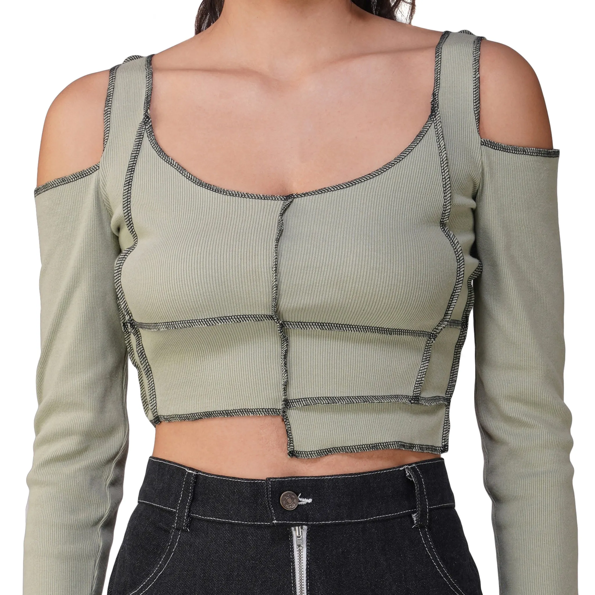 SLAY. Women's Contrast Stitch Olive Cold Shoulder Rib Full Sleeves Top