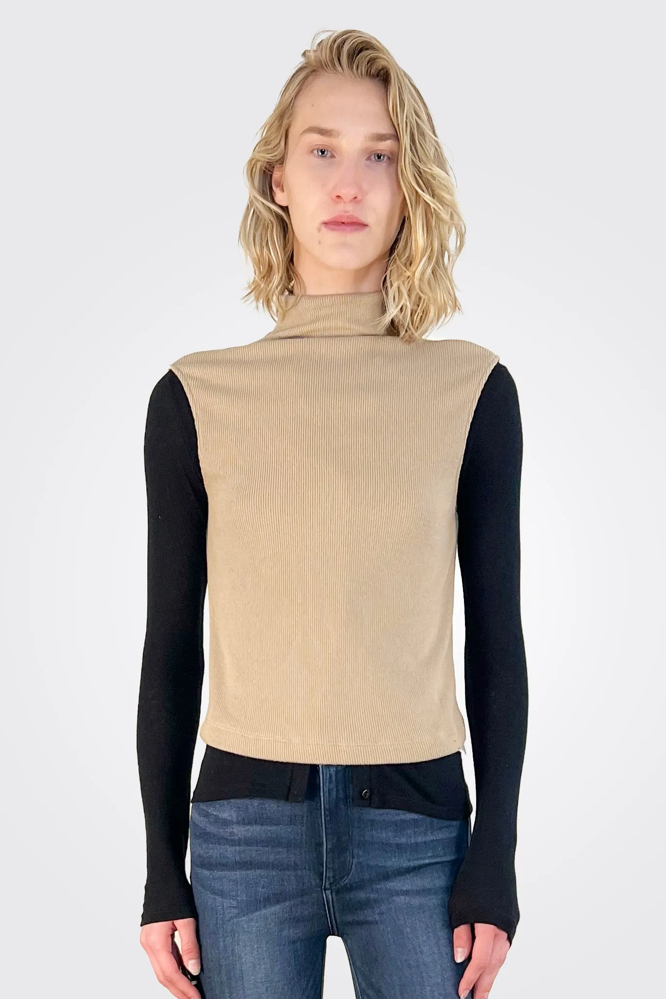 Sleeveless Knit Turtleneck Top - Khaki