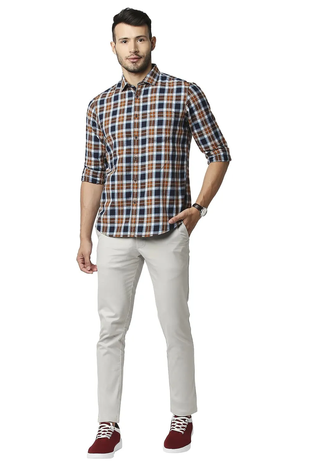 Slim Fit Brushed Twill Checks Shirt