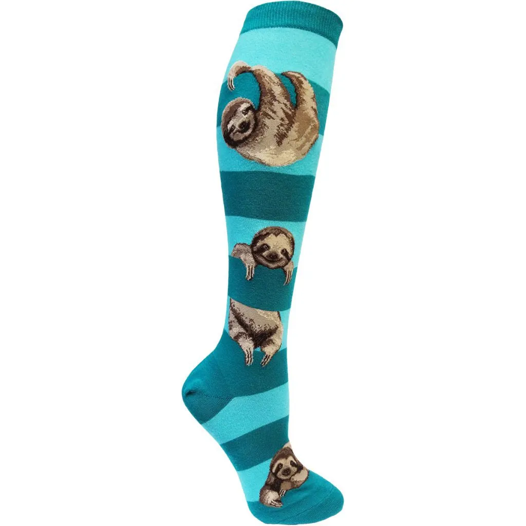 Sloth on Striped Women's Knee High Socks in Teal