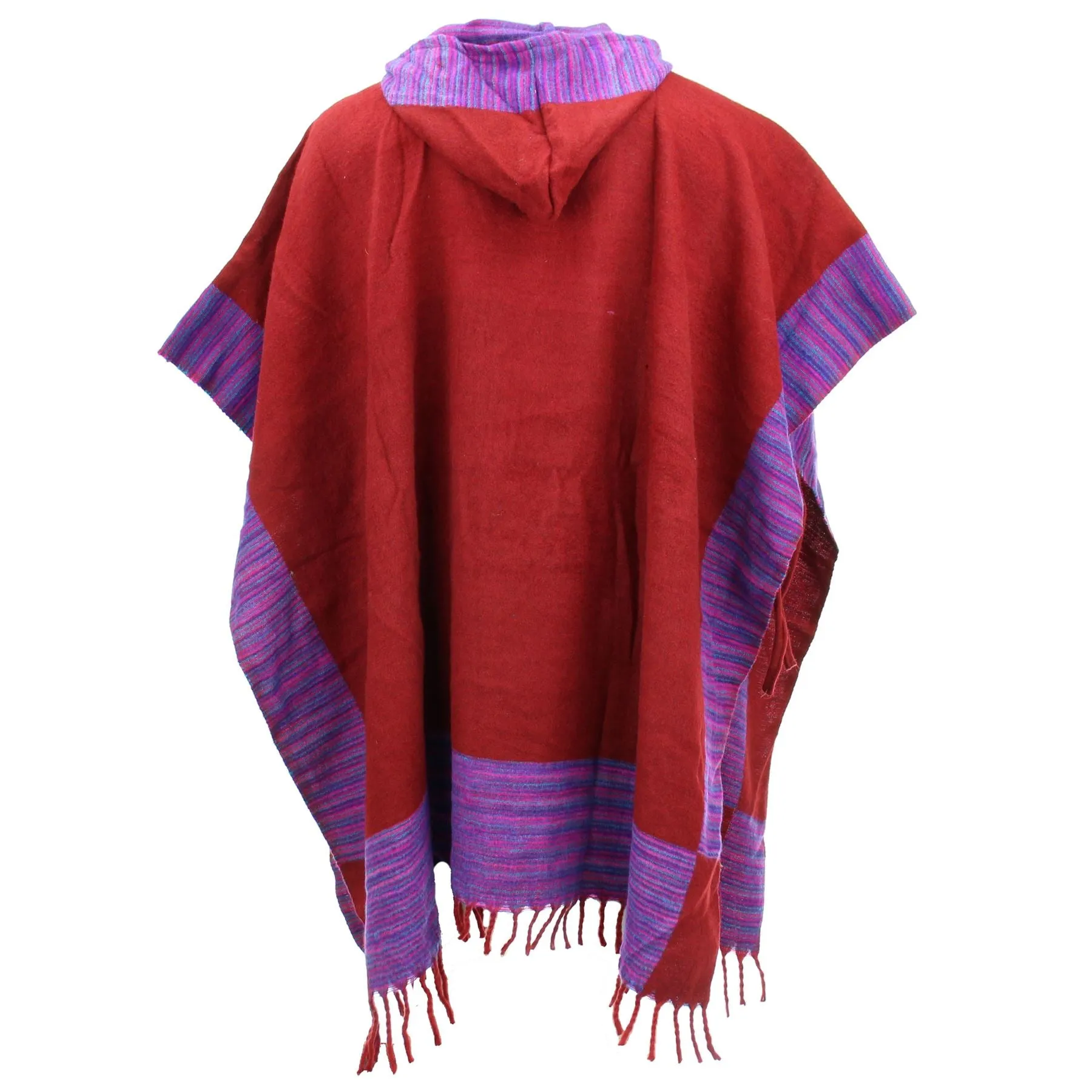 Soft Vegan Wool Hooded Tibet Poncho - Red & Purple