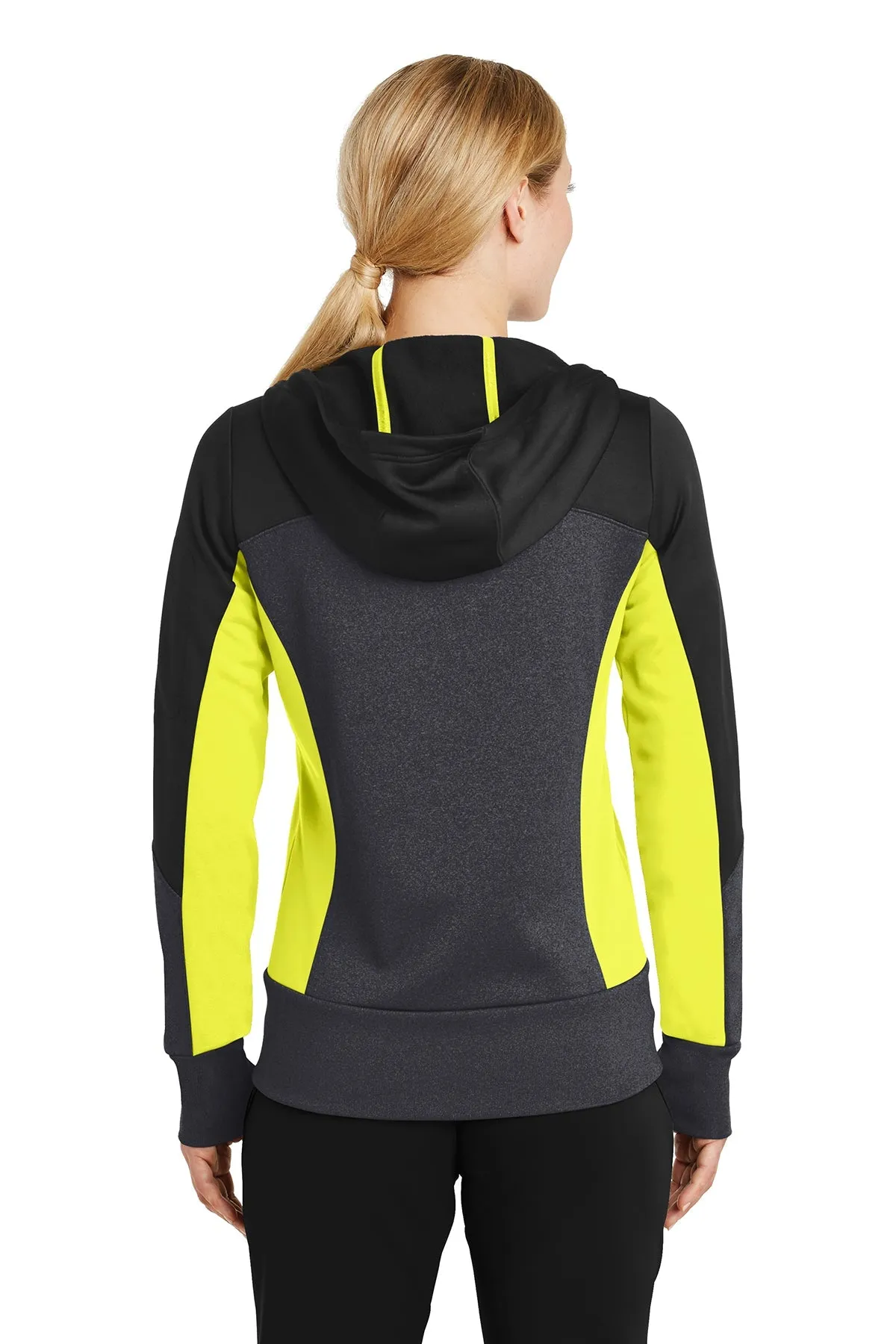 Sport-Tek Ladies Tech Fleece Colorblock Branded Full-Zip Hooded Jackets, Black/ Graphite Heather/ Citron