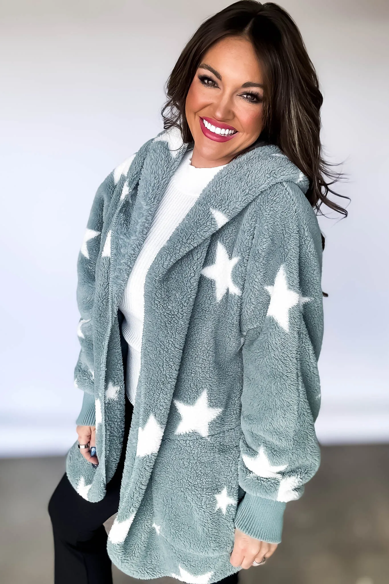 Star Print Hoodie Fleece Jacket