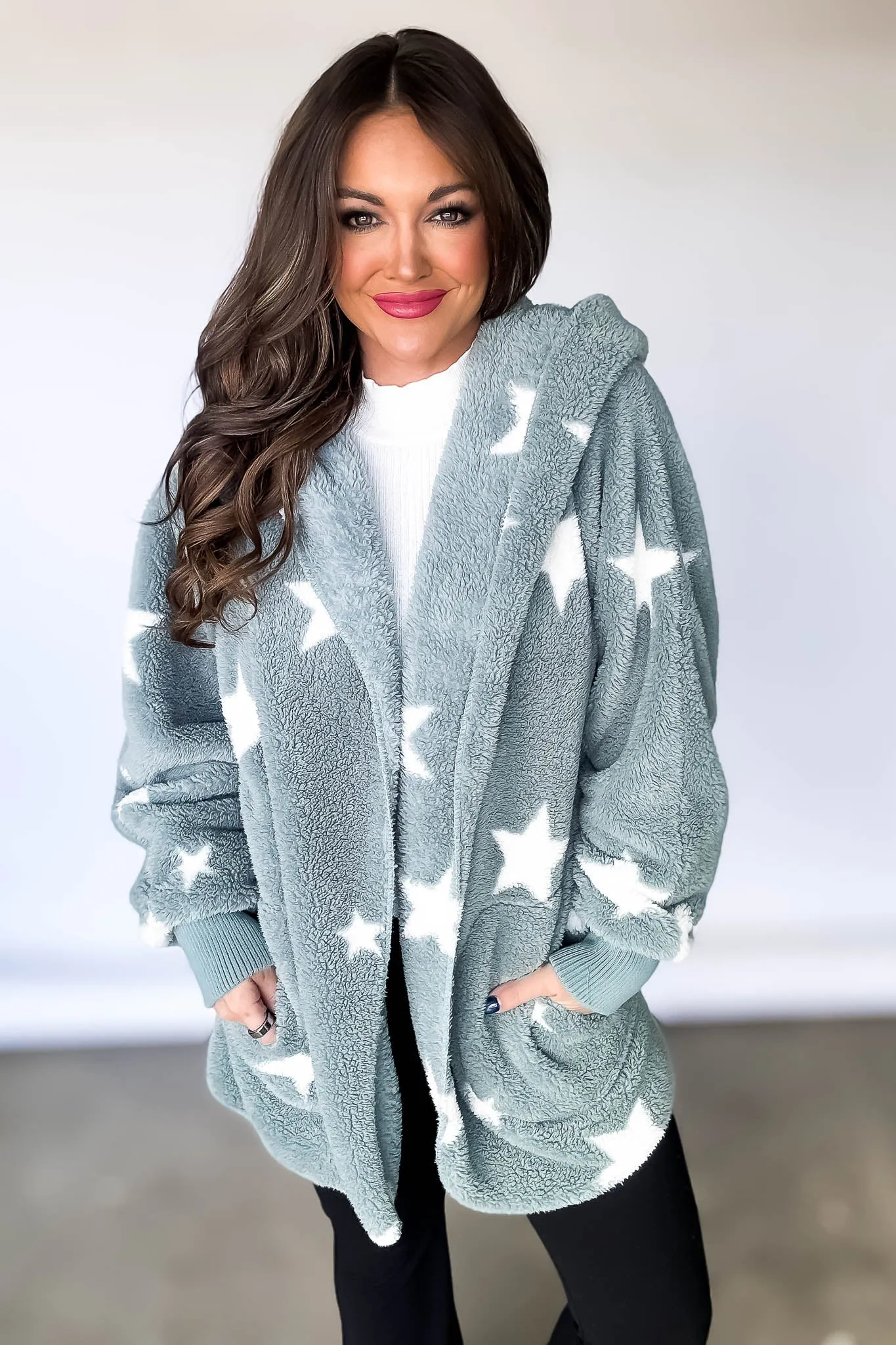 Star Print Hoodie Fleece Jacket