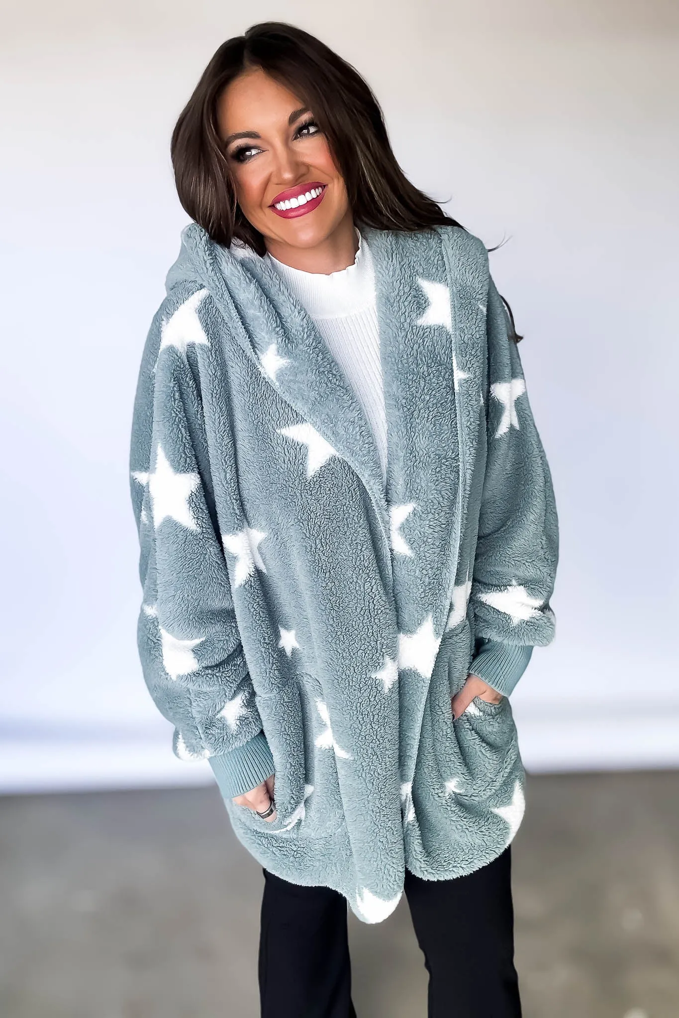 Star Print Hoodie Fleece Jacket