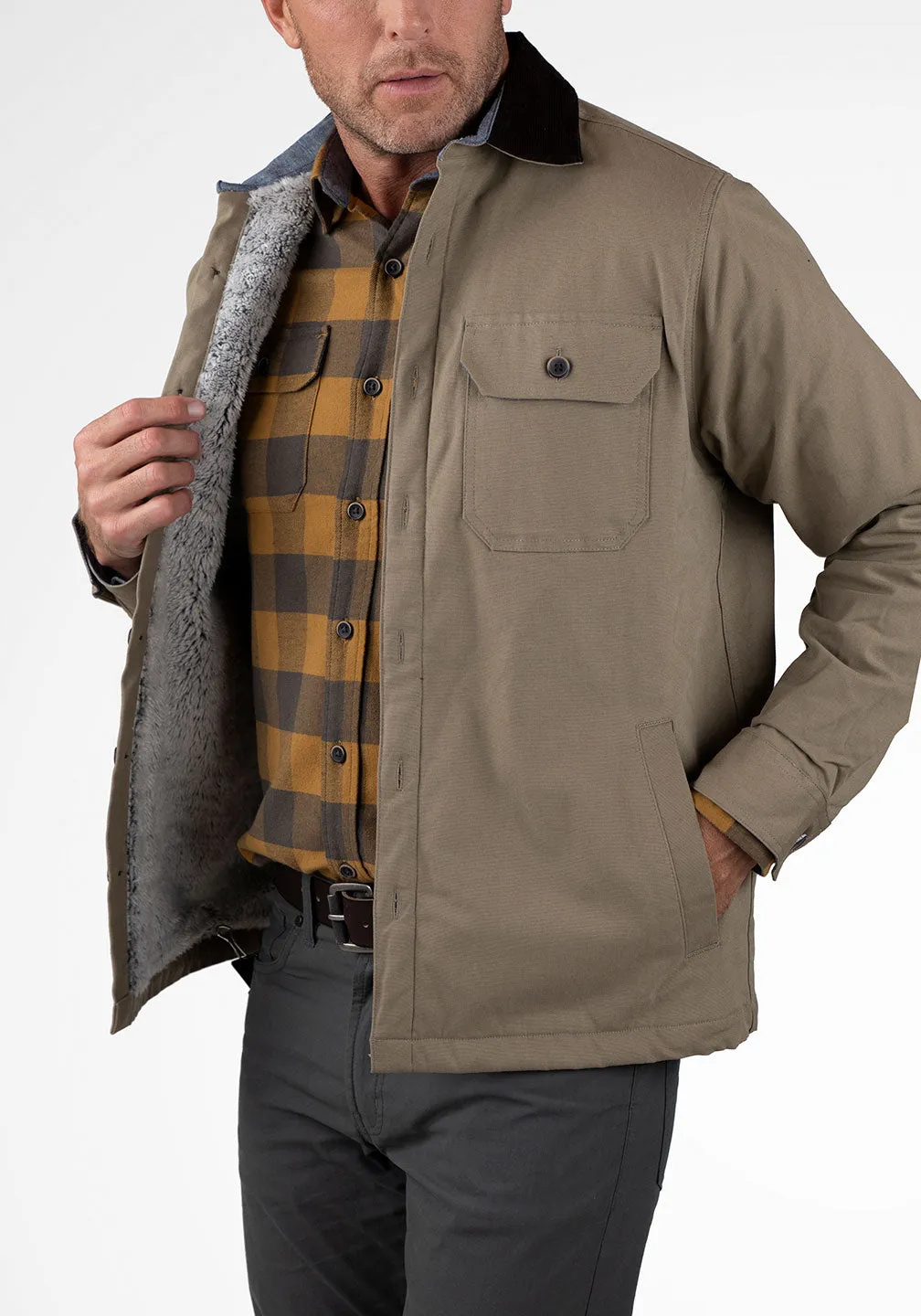 Stretch Canvas Shirt Jacket With Sherpa Lining