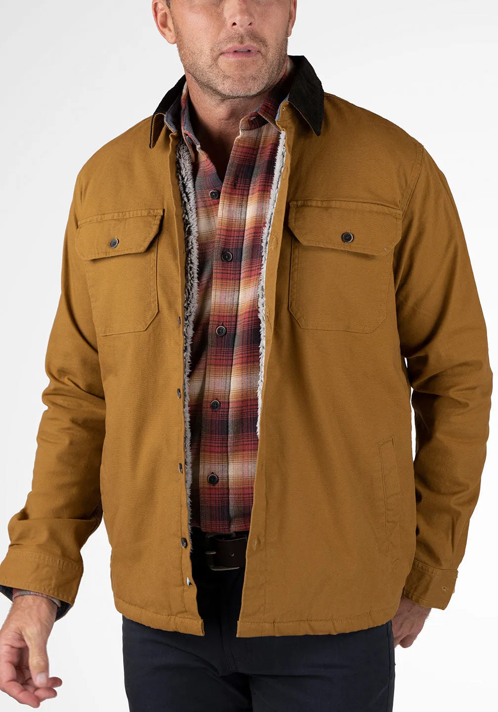 Stretch Canvas Shirt Jacket With Sherpa Lining