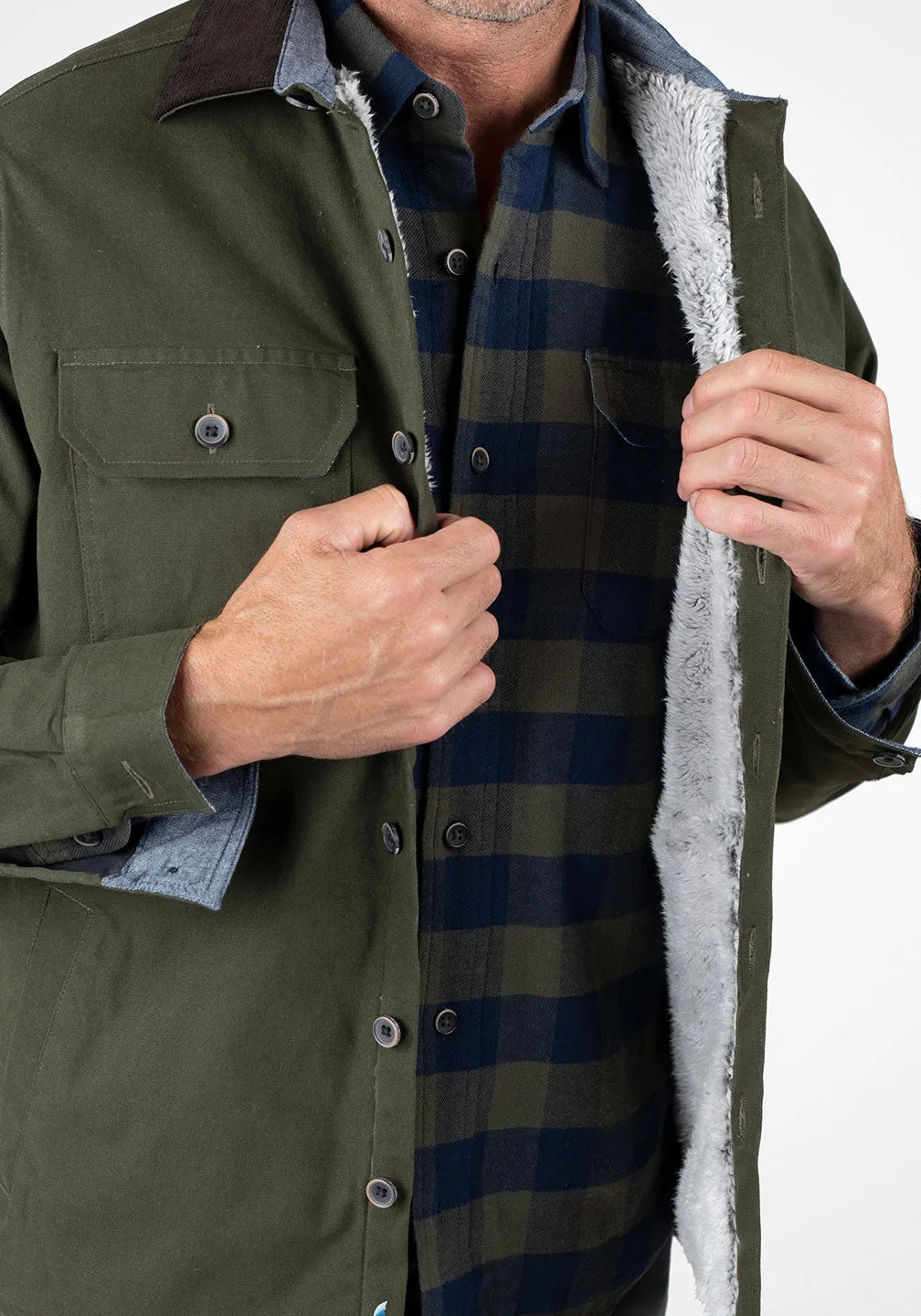 Stretch Canvas Shirt Jacket With Sherpa Lining