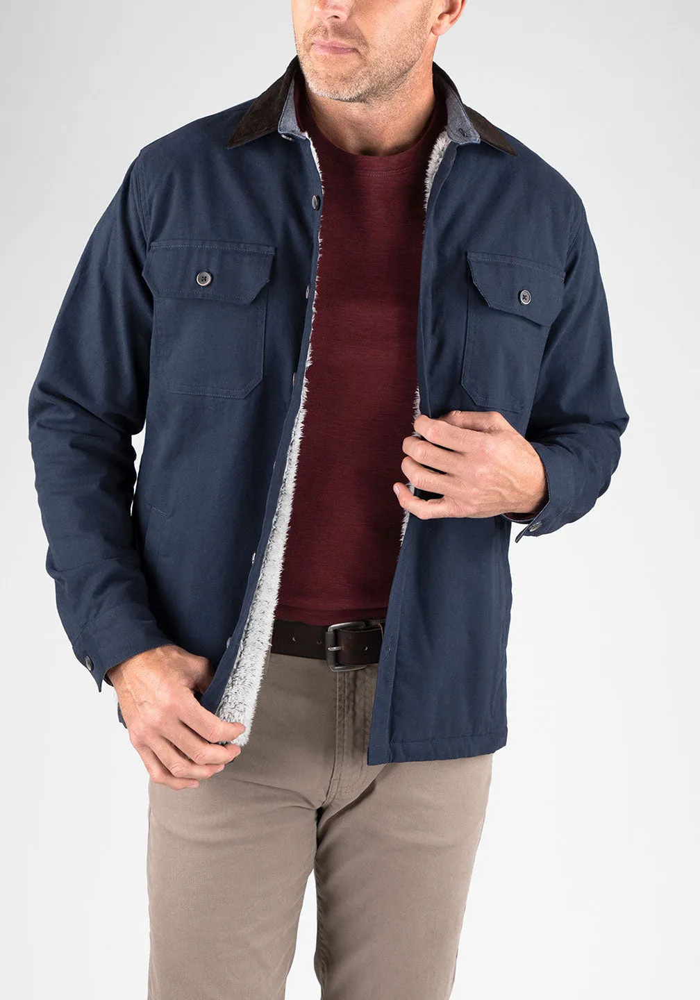 Stretch Canvas Shirt Jacket With Sherpa Lining