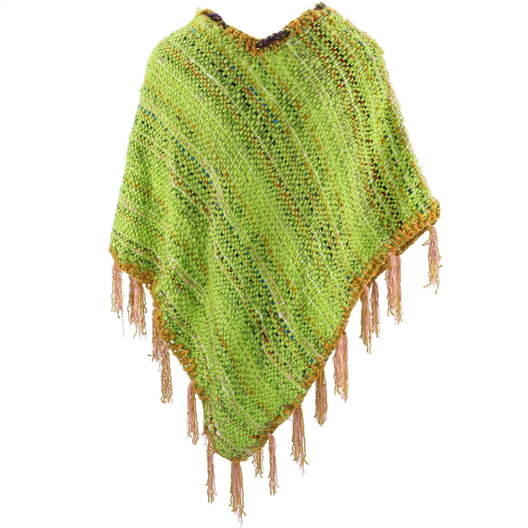 Stripe Crochet Poncho Long - Bright Green