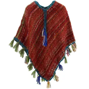 Stripe Crochet Poncho Long - Red